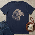 Navy t-shirt with a sketch-style graphic of a golden retriever holding a bone.