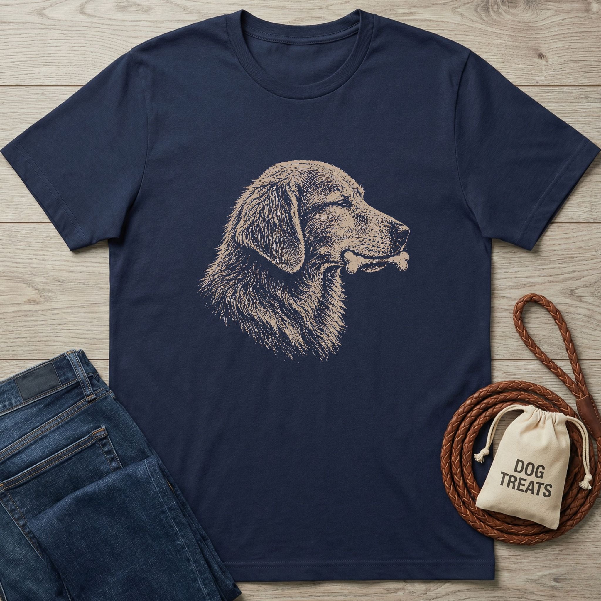Navy t-shirt with a sketch-style graphic of a golden retriever holding a bone.