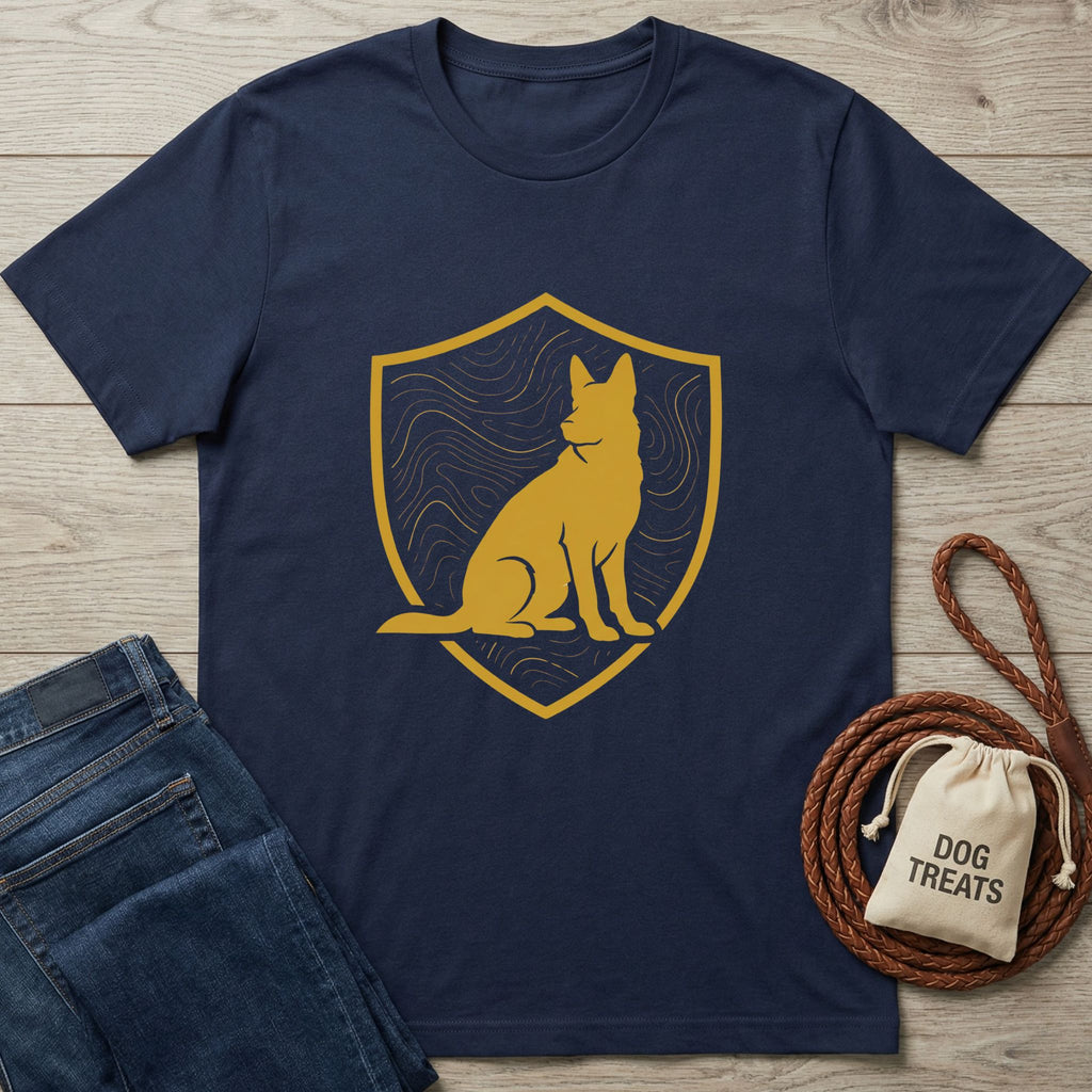Navy blue t-shirt with a gold shield emblem featuring a sitting canine silhouette and wavy lines.