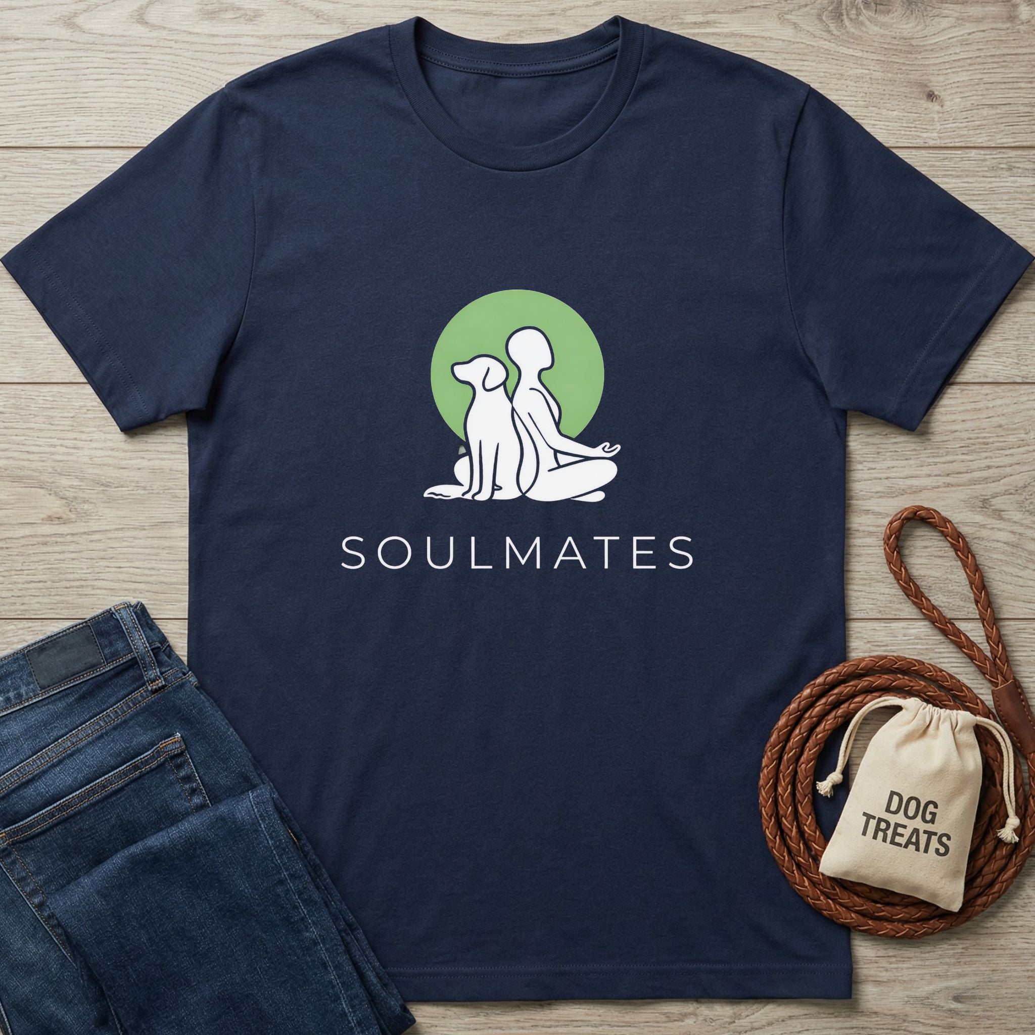 Navy blue Soulmates t-shirt with a white graphic of a person and dog, on a light wood background.