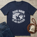 Navy blue Gildan Softstyle® t-shirt with "Dog Hair is My Glitter" graphic and a fluffy dog.