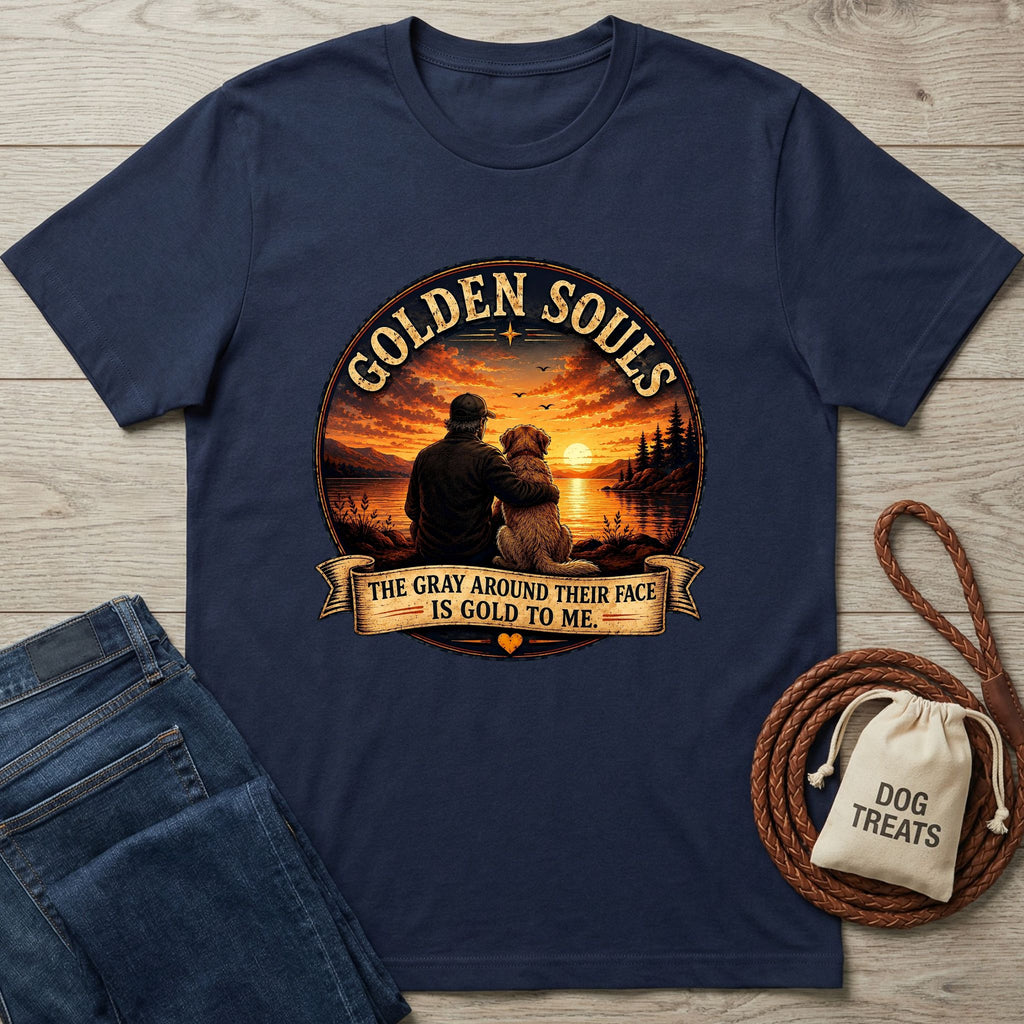 Navy blue Golden Souls t-shirt featuring a man and senior dog watching a sunset over a lake.