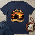 Navy blue Golden Souls t-shirt featuring a man and senior dog watching a sunset over a lake.