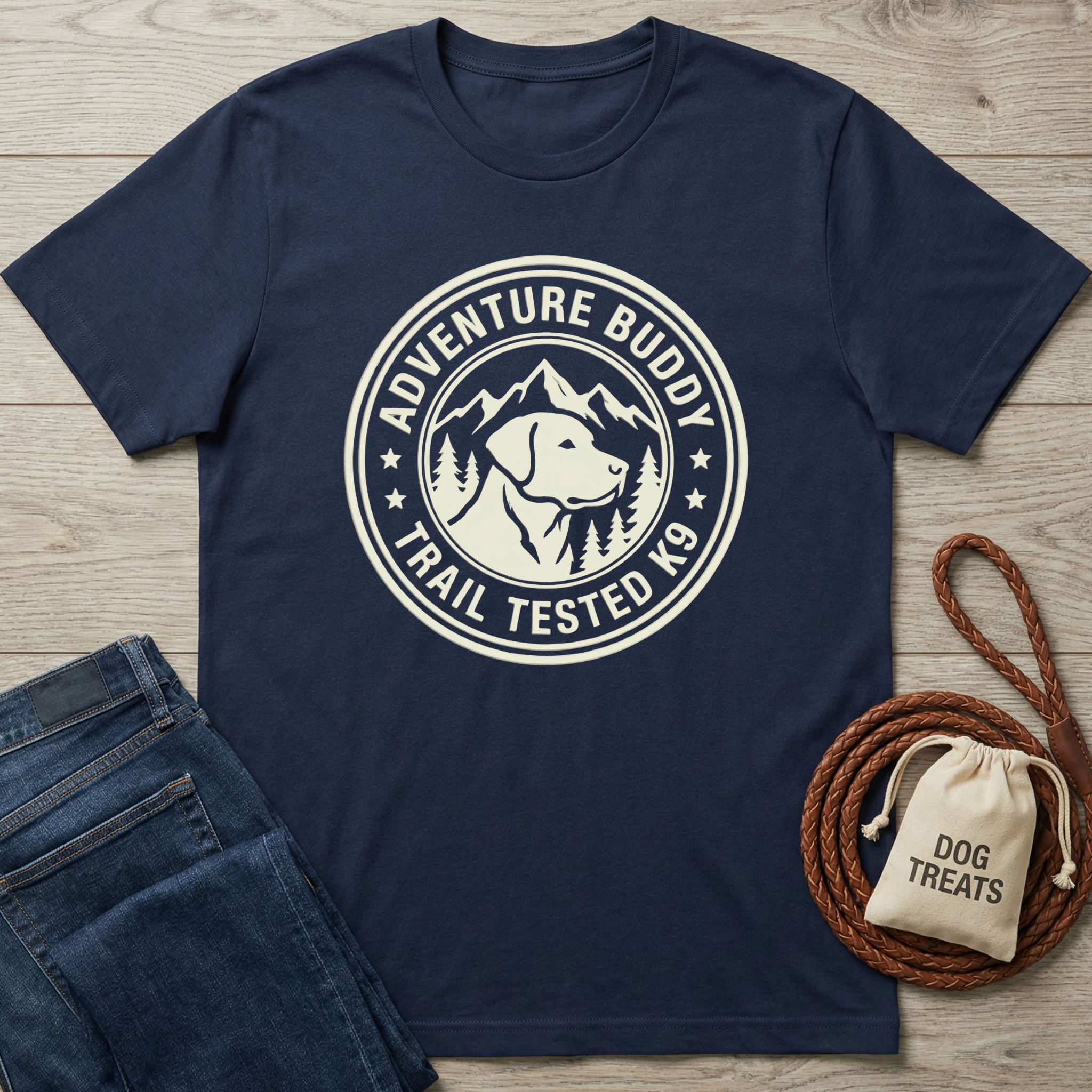 Navy cotton t-shirt with "Adventure Buddy Trail Tested K9" dog & mountain graphic, beside jeans & treat bag.