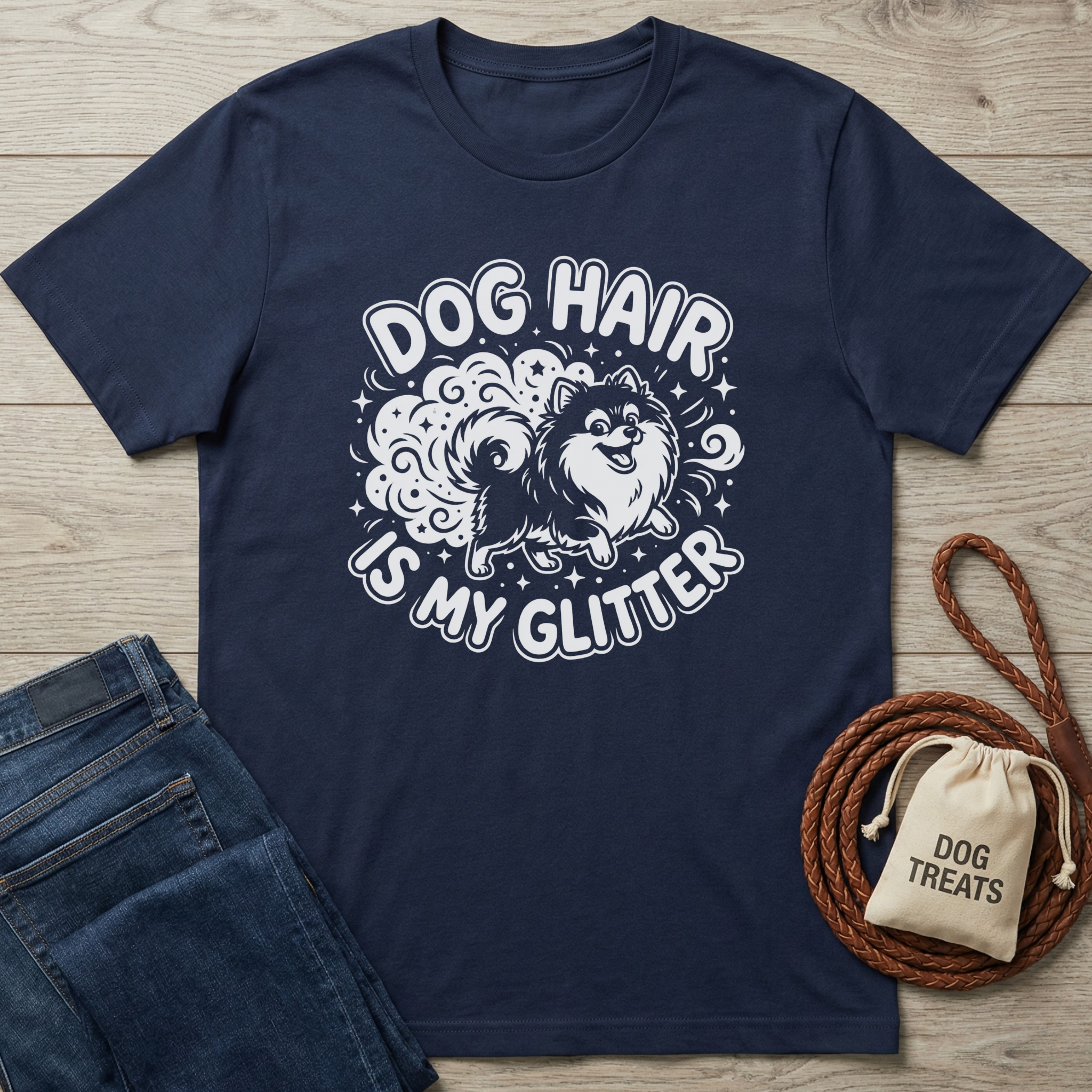 Navy blue cotton t-shirt with "Dog Hair Is My Glitter" text and a fluffy dog graphic.