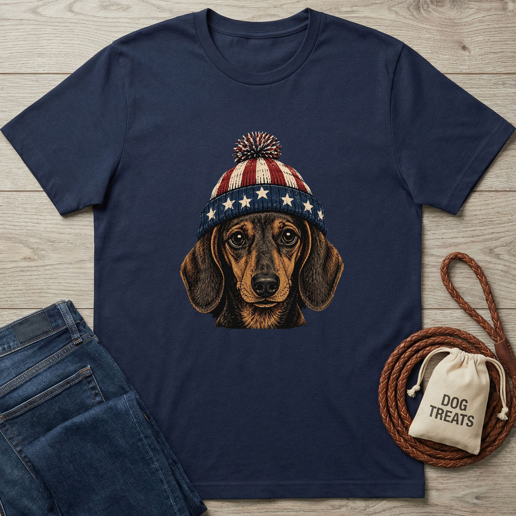 Navy blue t-shirt with a vintage patriotic dachshund wearing a stars and stripes pom-pom hat.