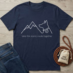 Navy blue Gildan Softstyle t-shirt with white outline of mountains, a dog, and "take the scenic route together" text.