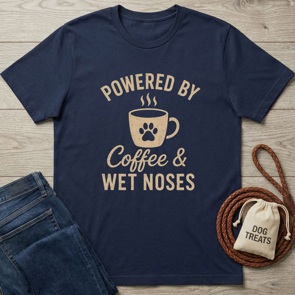 Navy blue t-shirt with "Powered by Coffee & Wet Noses" design featuring a paw print coffee mug.