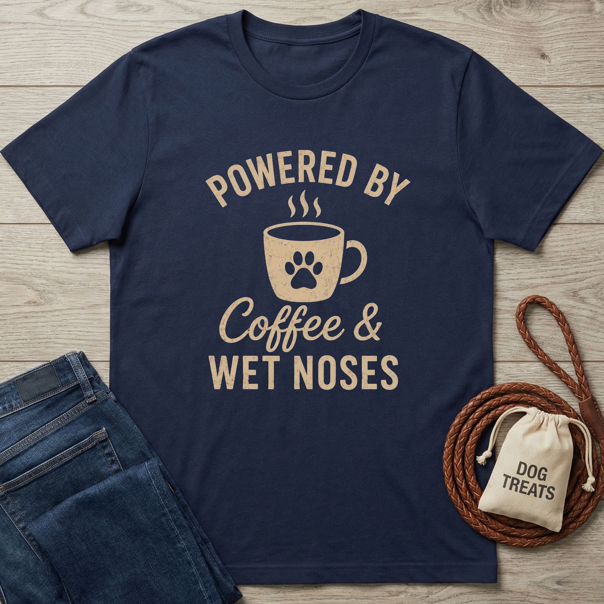 Navy blue t-shirt with "Powered by Coffee & Wet Noses" design featuring a paw print coffee mug.