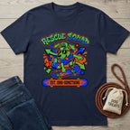 Navy blue cotton t-shirt with a vibrant 90s-style graphic of a cool dog skateboarding, "Rescue Squad" text.