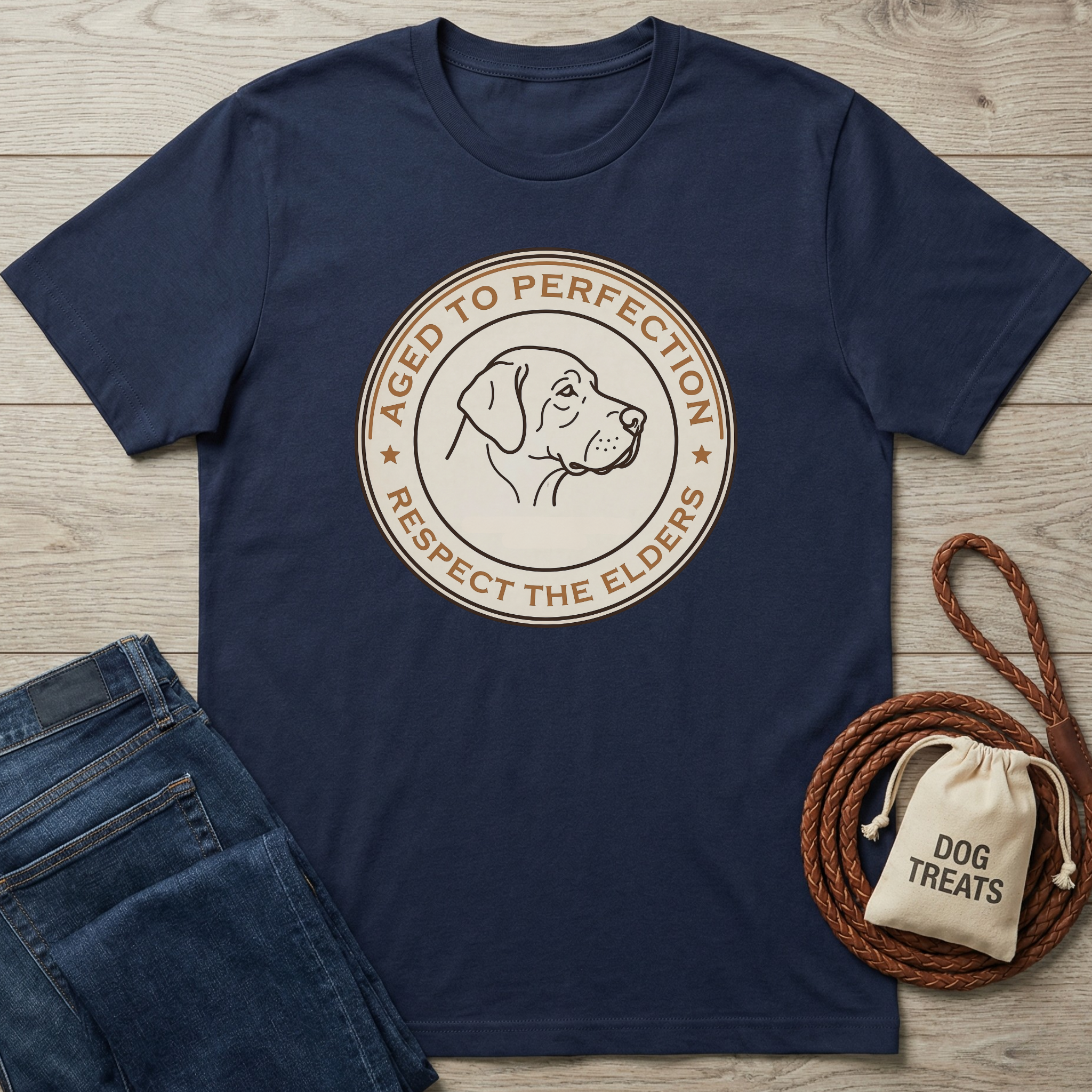 Navy blue cotton t-shirt with "Aged To Perfection, Respect The Elders" dog design.