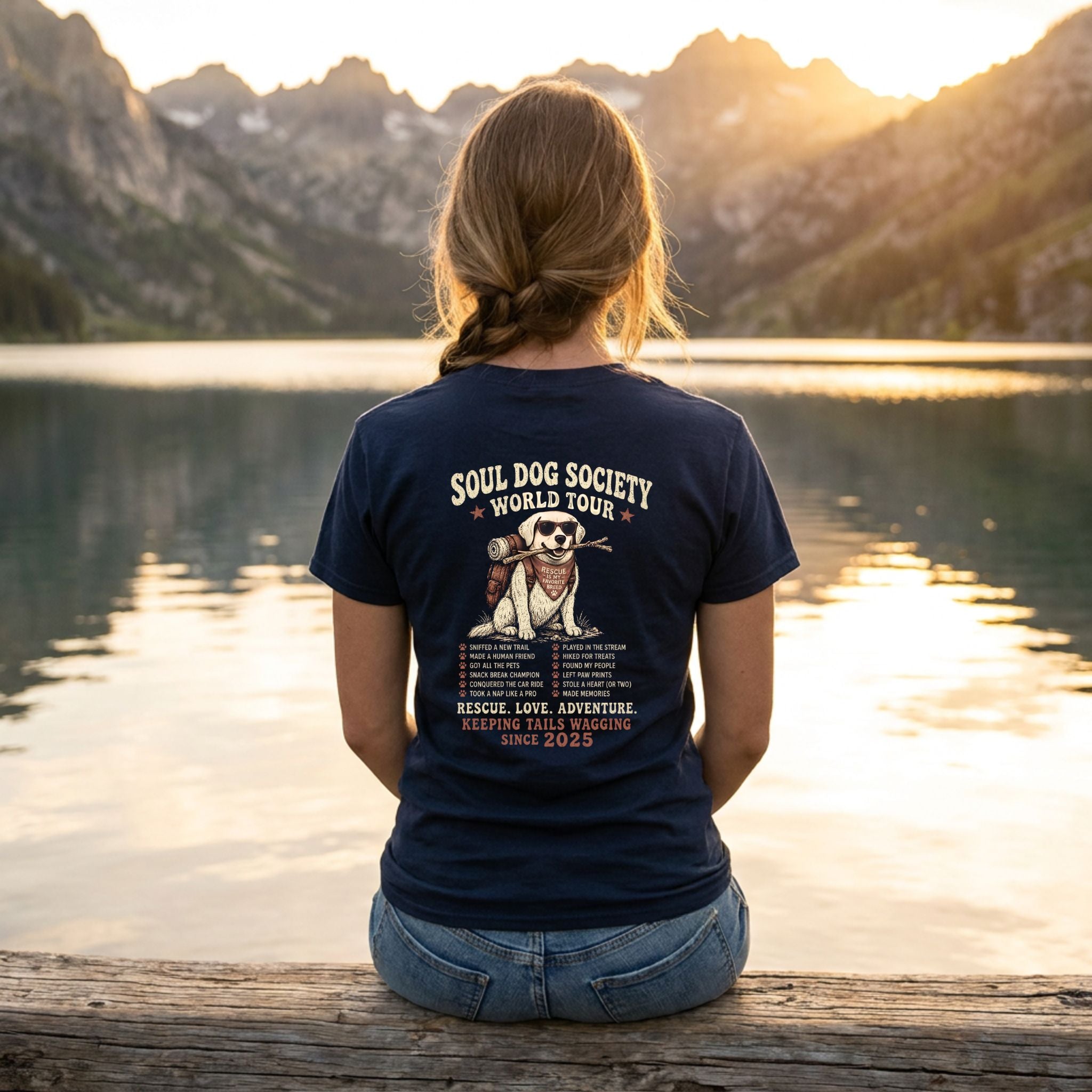 Woman in a navy blue Soul Dog Society World Tour t-shirt with a graphic of a dog hiking, sitting by a lake at sunset.