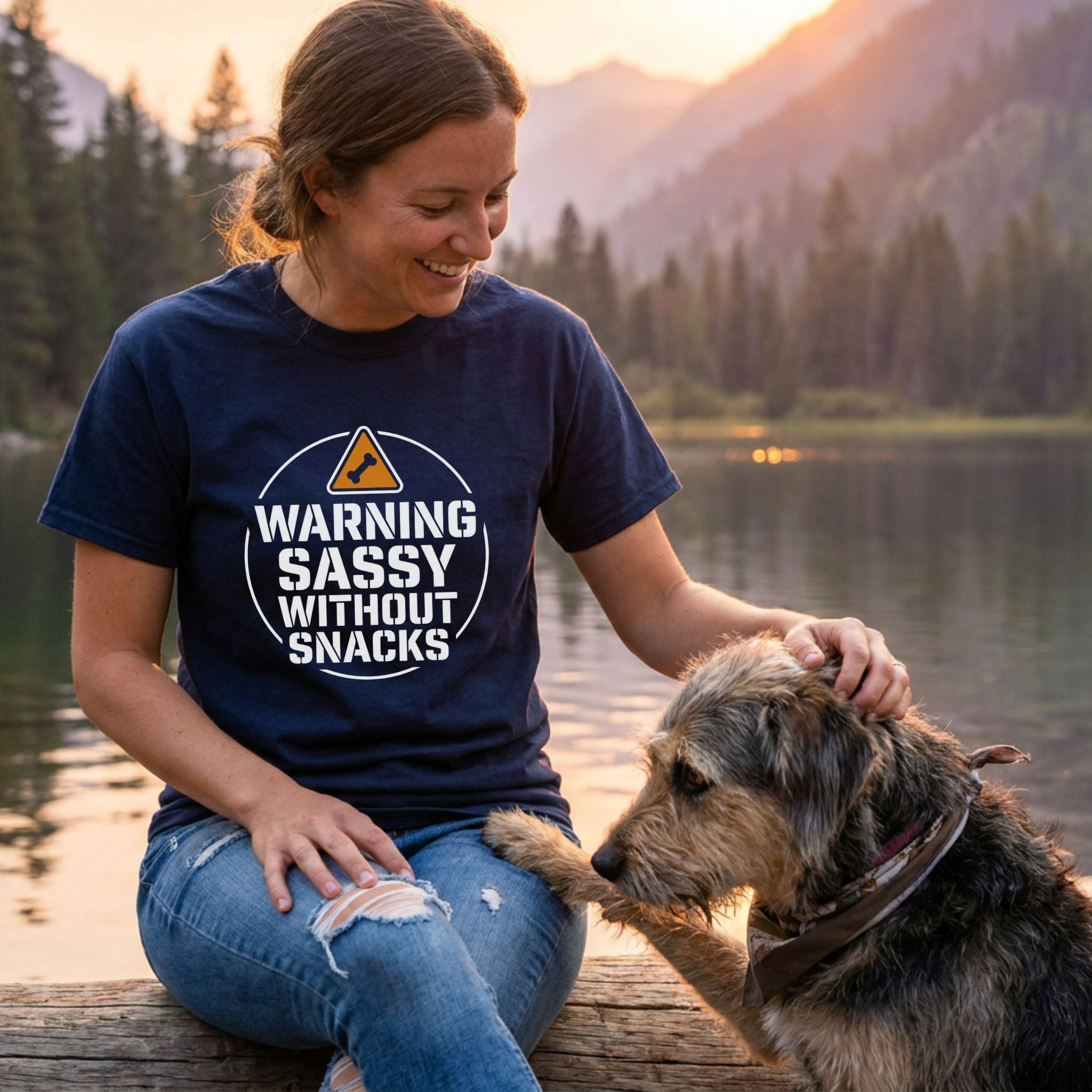 Woman in navy "Warning Sassy Without Snacks" t-shirt petting a dog by a lake at sunset.