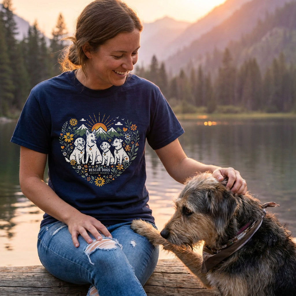 Woman in a navy "Where Love Grows" T-shirt with a heart of rescue dogs design, petting a dog by a lake at sunset.