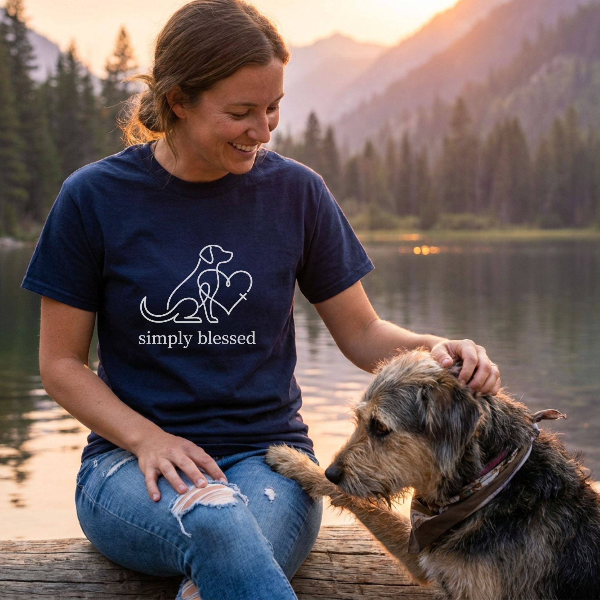 Woman in a navy "simply blessed" dog and heart graphic tee petting a scruffy dog by a lake at sunset.