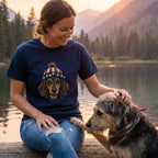 Woman in navy t-shirt with a patriotic dachshund in a stars and stripes beanie, petting a dog by a lake.