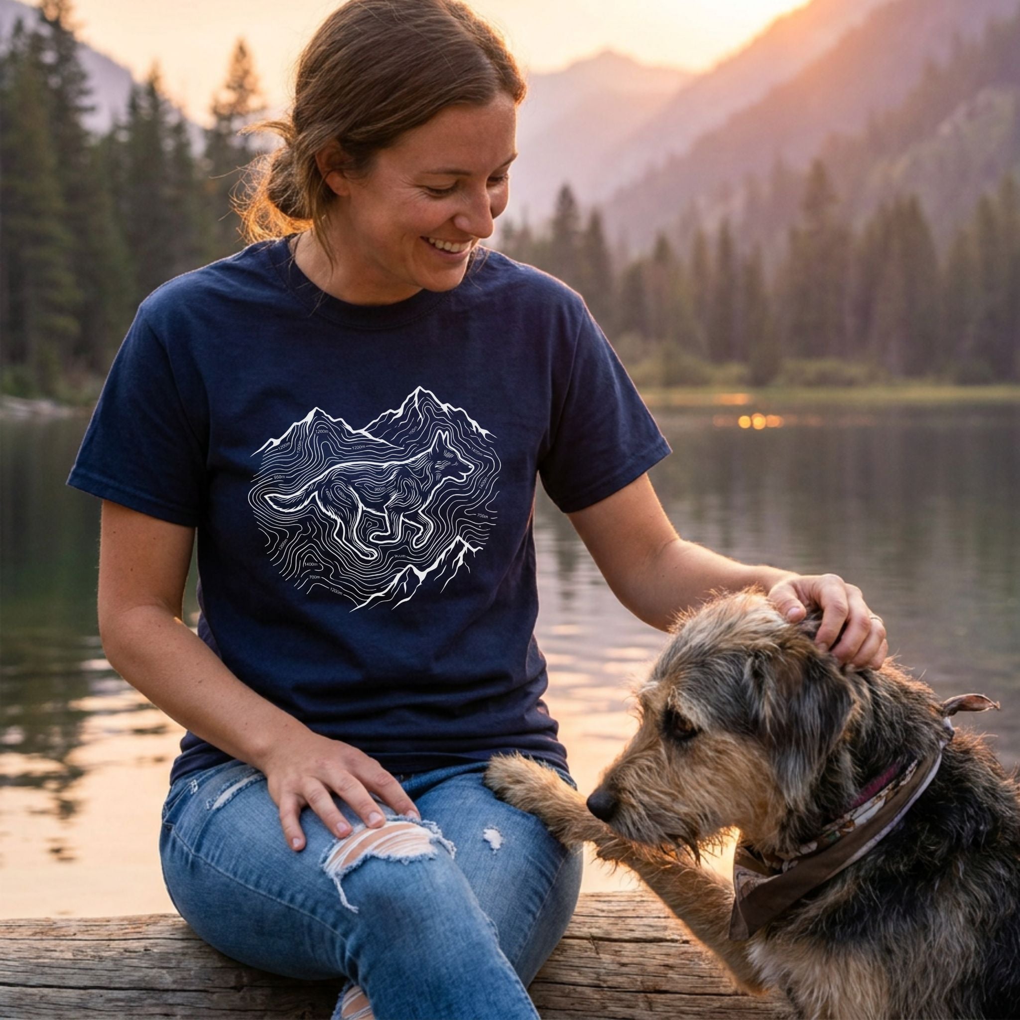 Woman in a navy "Elevation Lines" t-shirt with a white topographic dog design, petting a rescue dog by a lake.