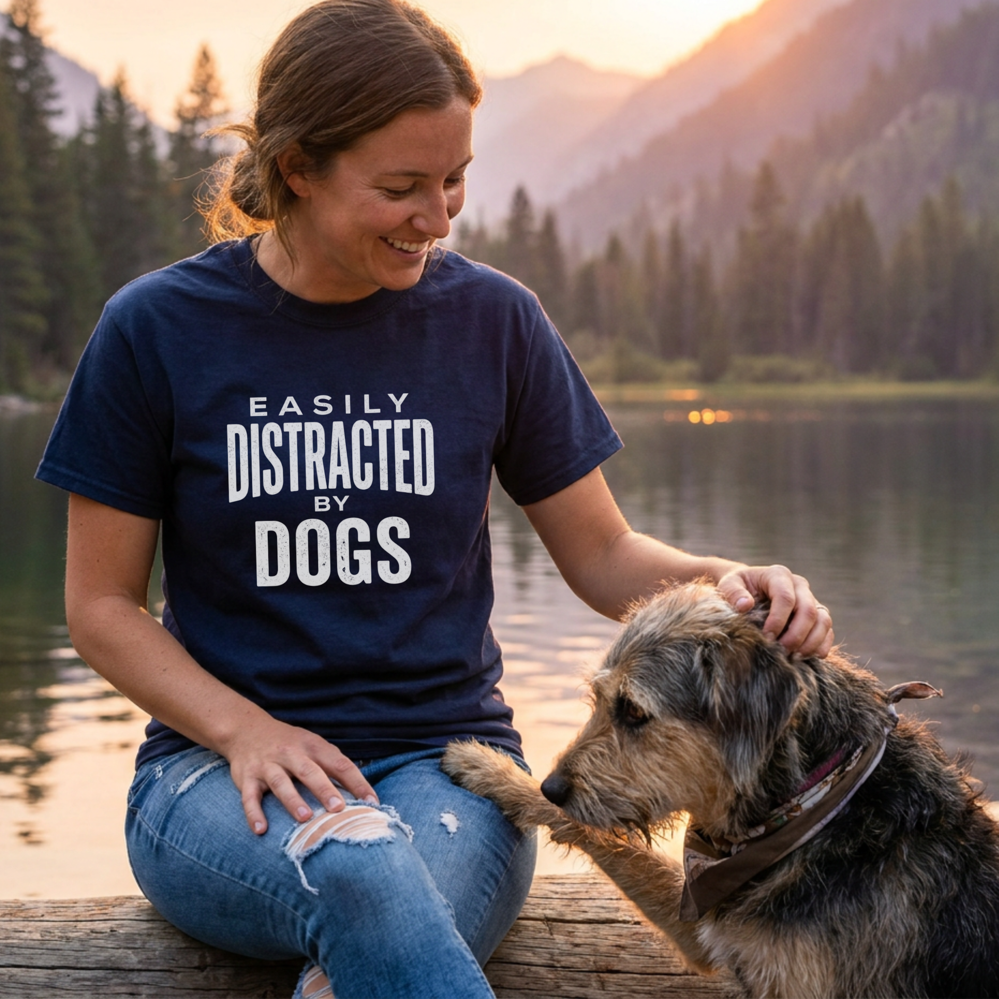 Woman in a navy "Easily Distracted By Dogs" t-shirt petting a dog by a lake at sunset.