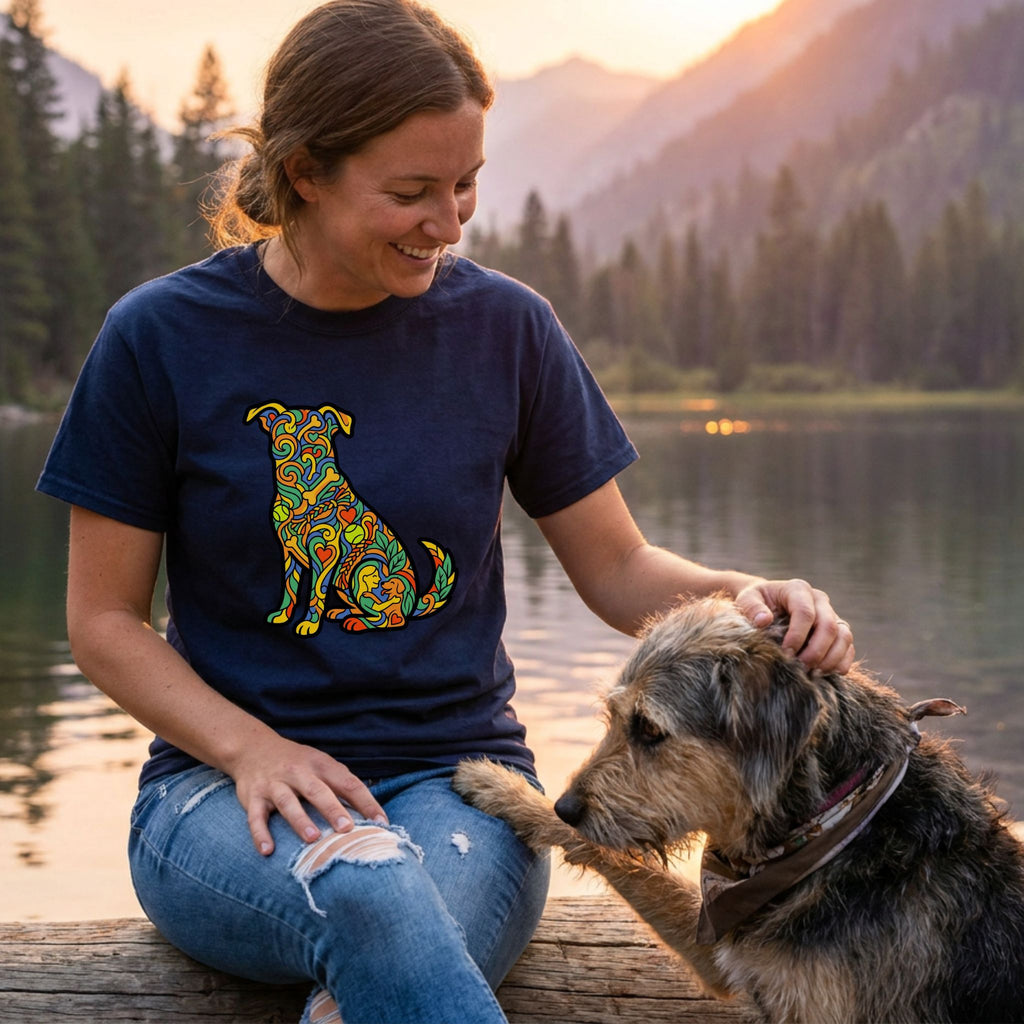 Woman in navy "Love In Color" t-shirt with vibrant dog design petting a dog by a lake at sunset.
