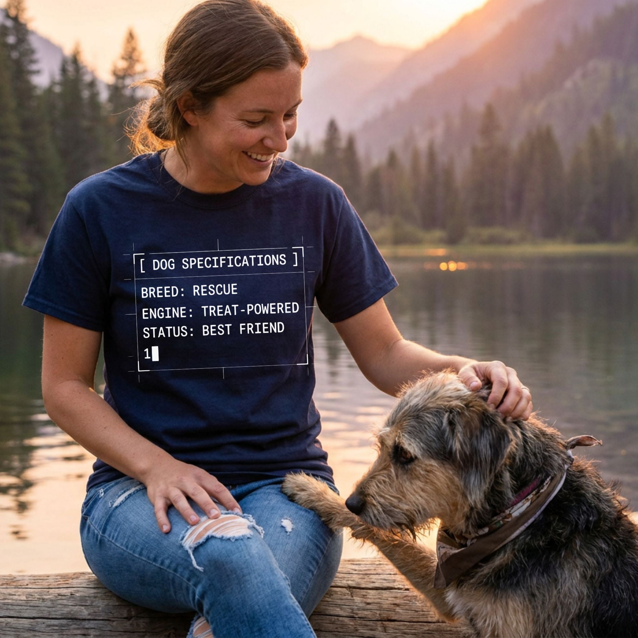 Woman in a navy "Dog Specifications" tee petting a dog by a lake at sunset.
