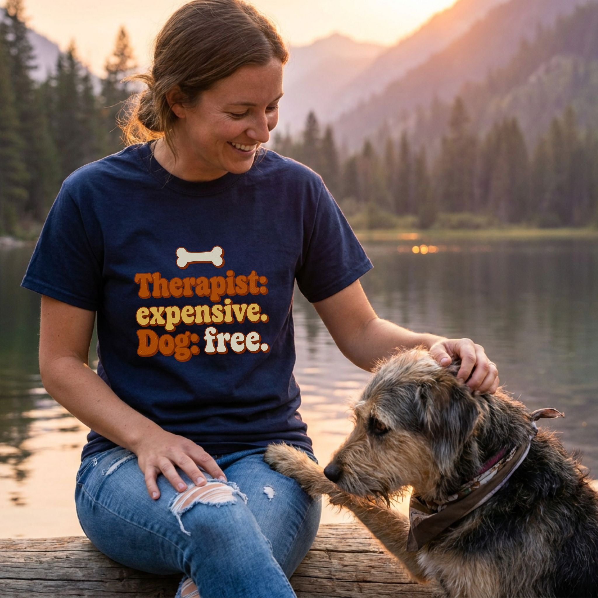 Woman in navy "Therapist: expensive. Dog: free." t-shirt petting a dog by a lake at sunset.