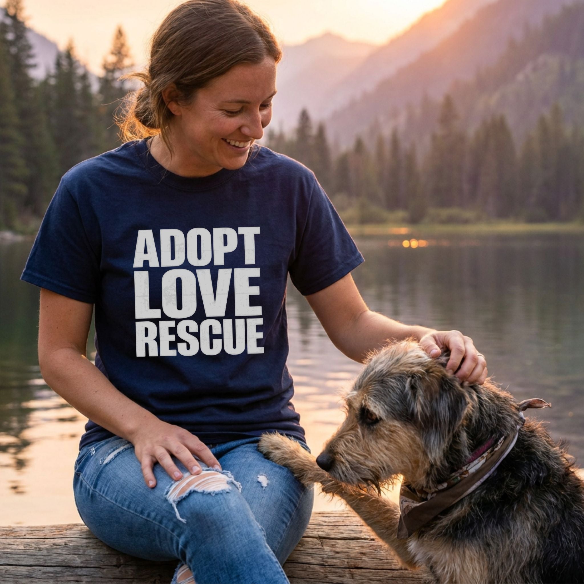 Woman in a navy "Adopt Love Rescue" tee, distressed jeans, petting a dog by a lake at sunset.