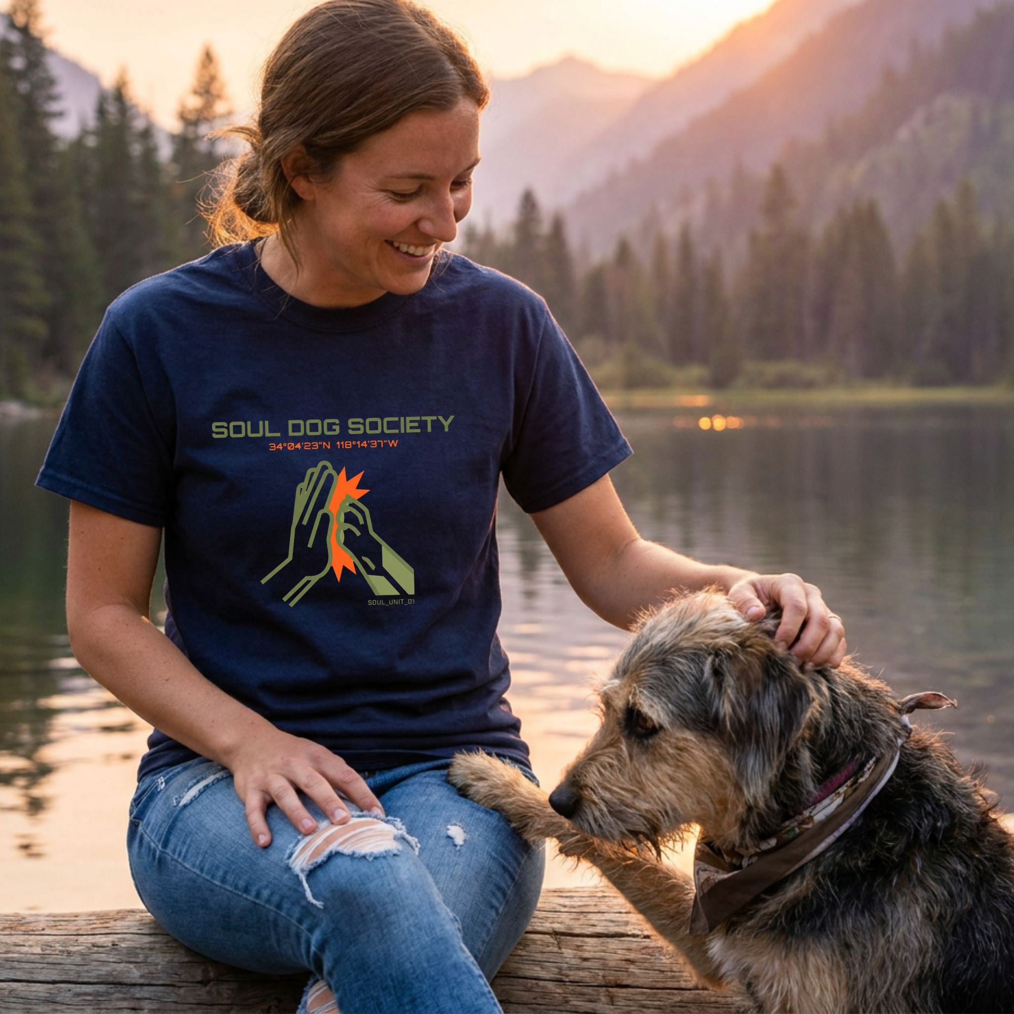 Woman in a navy Soul Dog Society t-shirt with a high-five graphic, petting a scruffy dog by a lake at sunset.