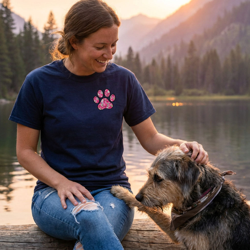 Woman in a navy Paws For Hope t-shirt with a pink floral paw print, petting a dog by a lake at sunset.