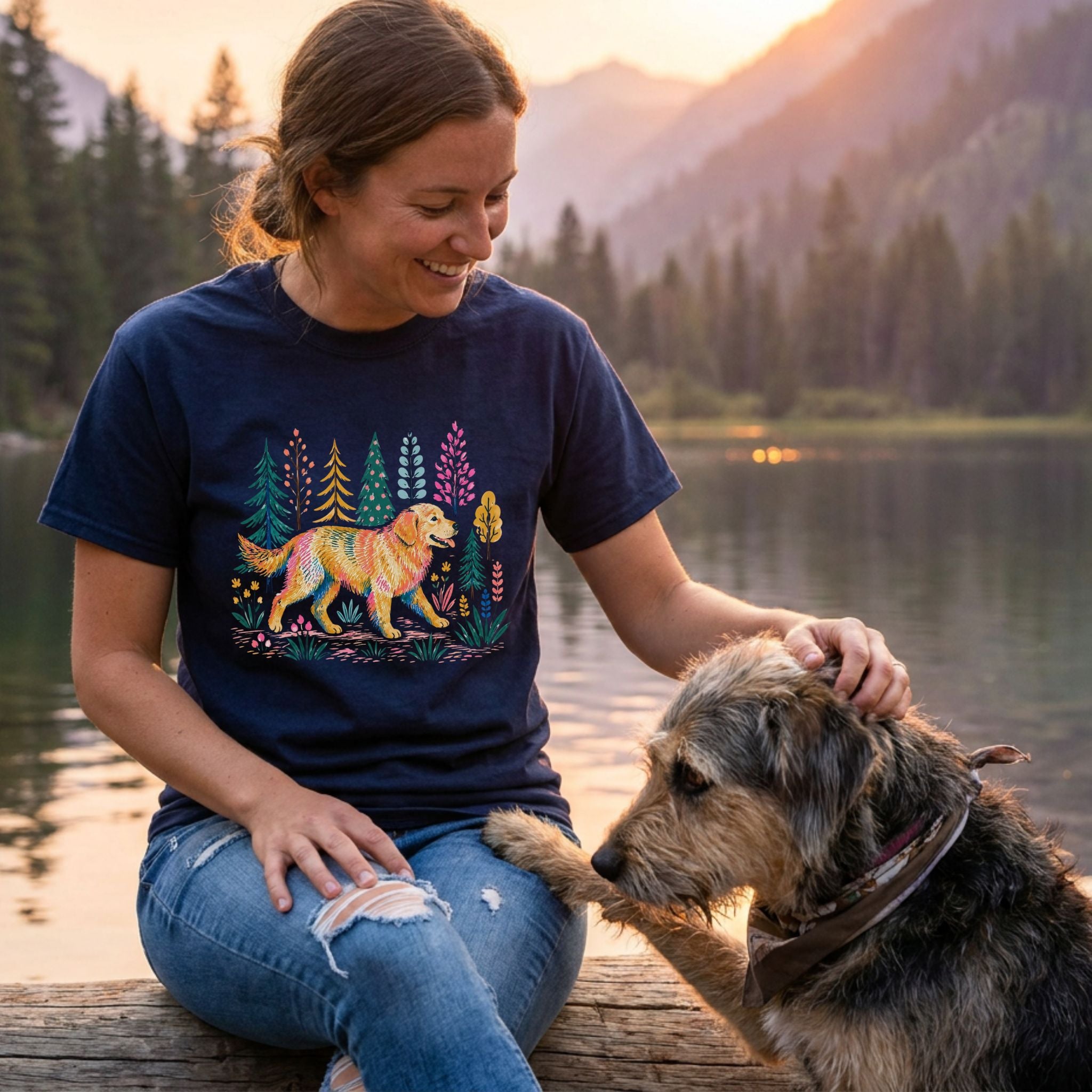 Woman in a navy "Nature's Golden" t-shirt with a colorful dog graphic, petting a rescue dog by a lake at sunset.
