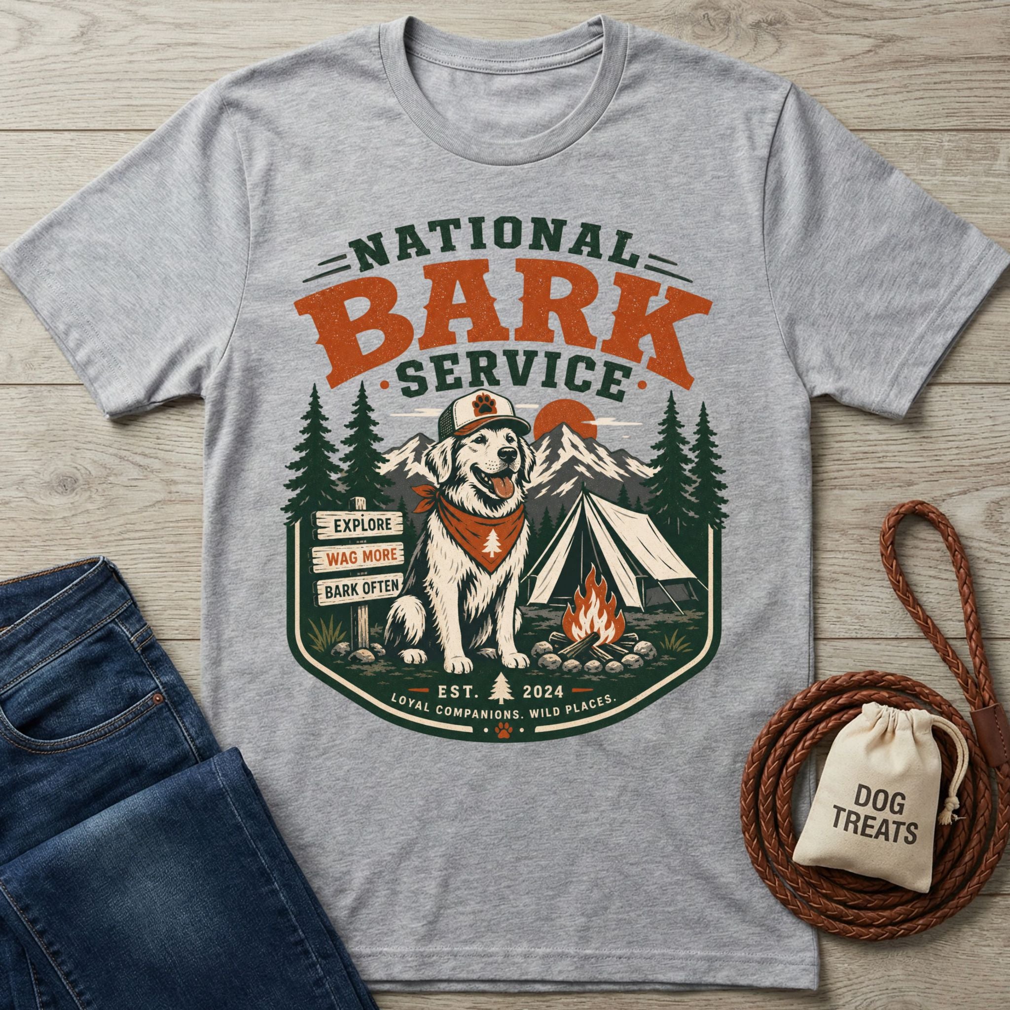 Grey crewneck t-shirt featuring a National Bark Service graphic of a dog in a hat and bandana at a campsite.