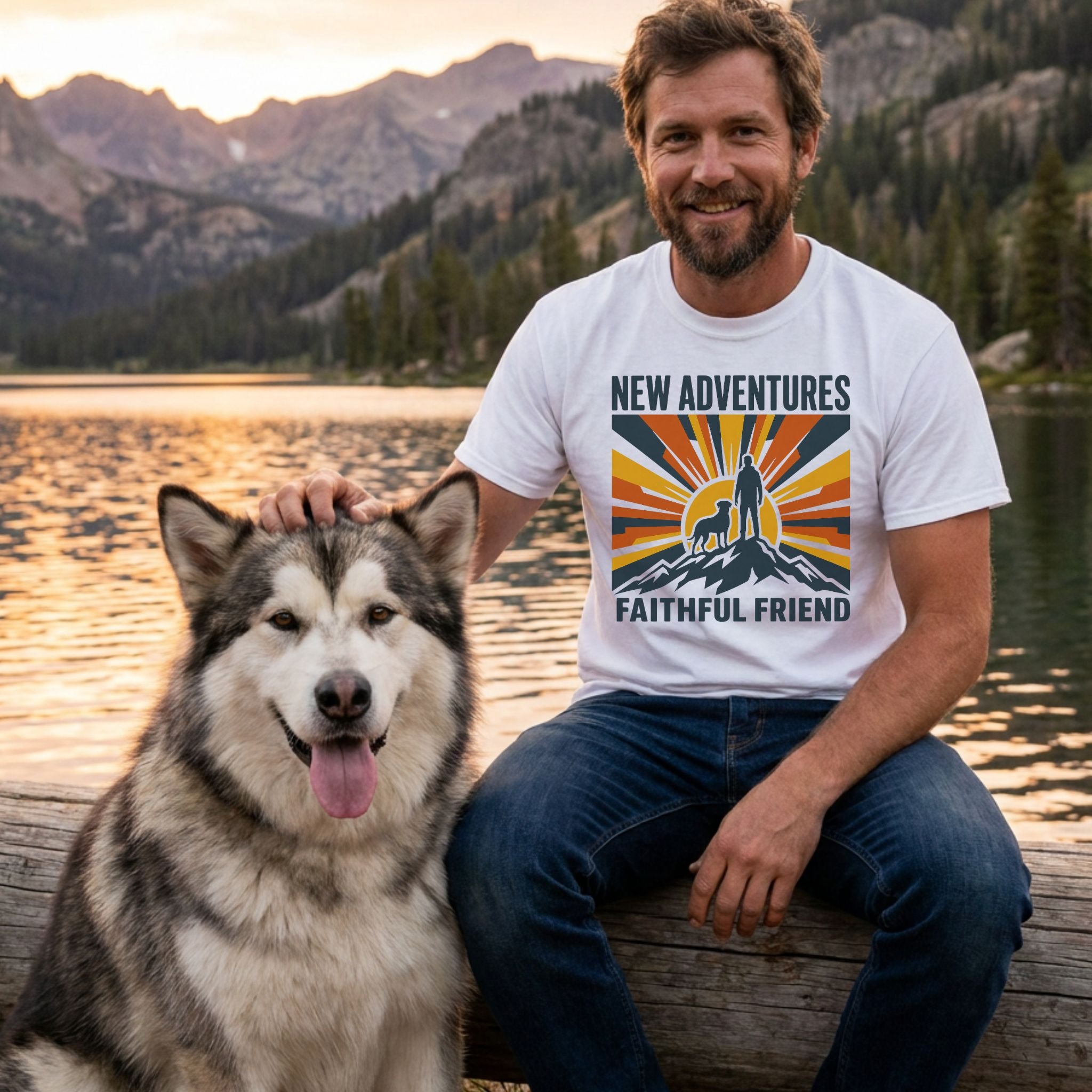 Man wearing a white cotton t-shirt with a retro mountain, dog, and hiker graphic by a lake with his Alaskan Malamute.