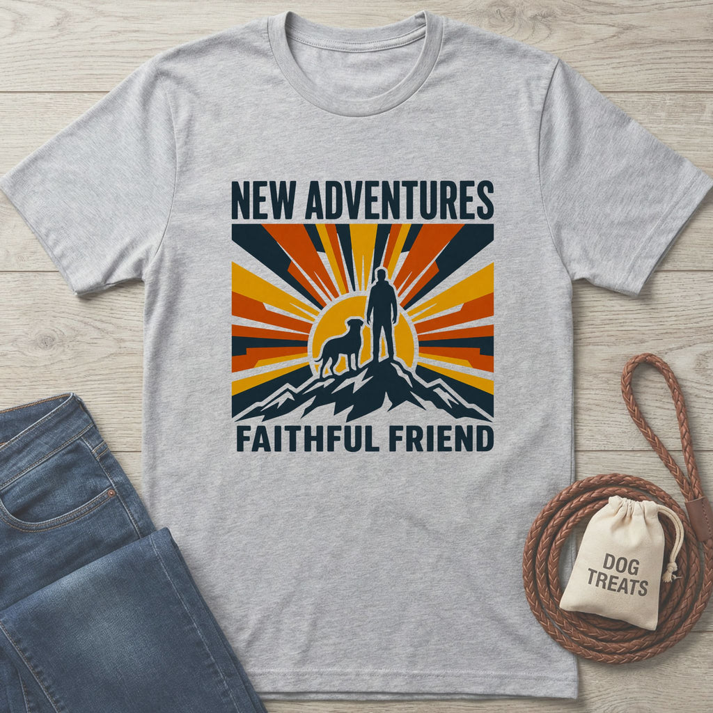 Grey crewneck t-shirt featuring a retro mountain, sunrise, and dog-and-owner graphic with New Adventures Faithful Friend text.
