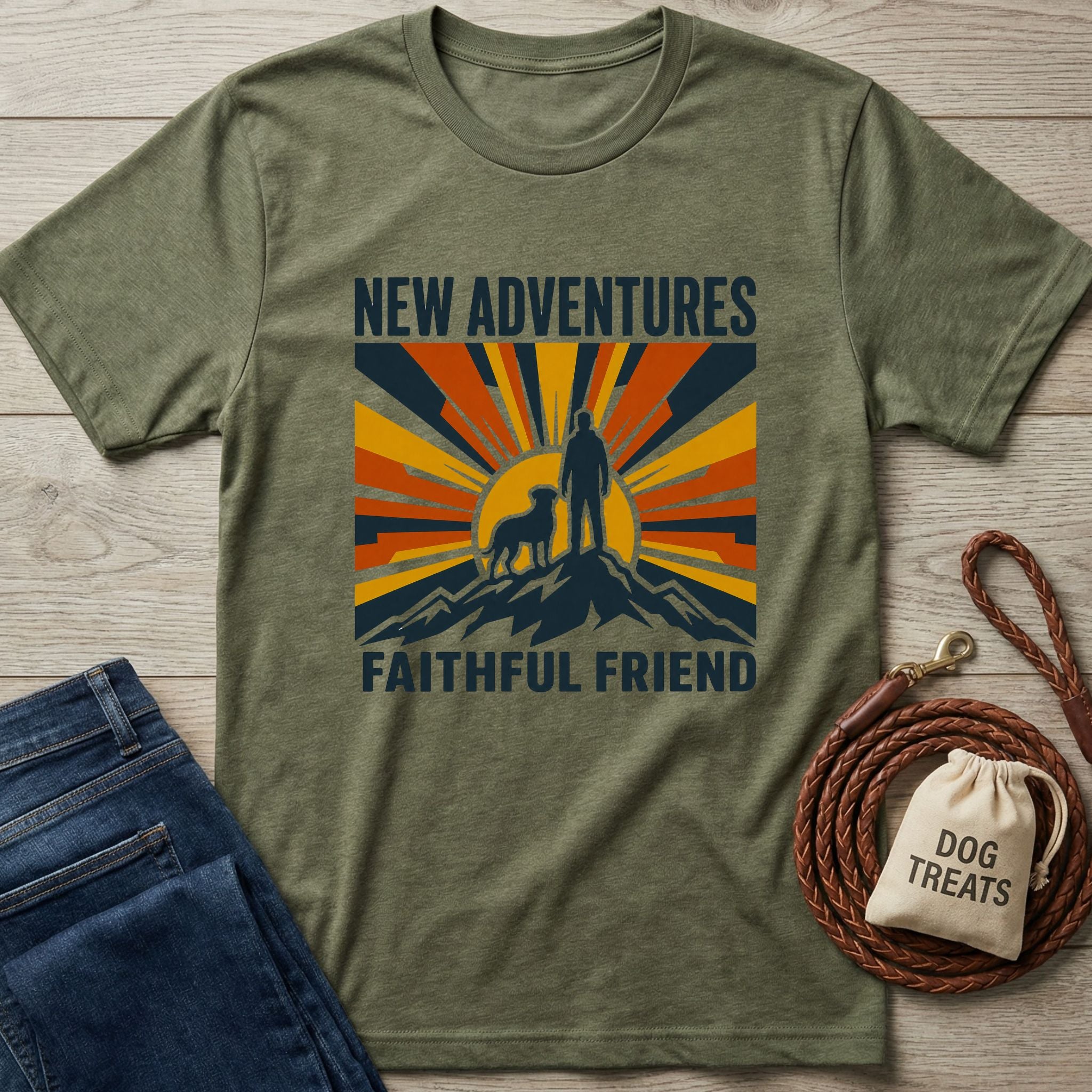 Olive green crewneck t-shirt featuring a retro sunset graphic of a person and dog hiking on a mountain peak.