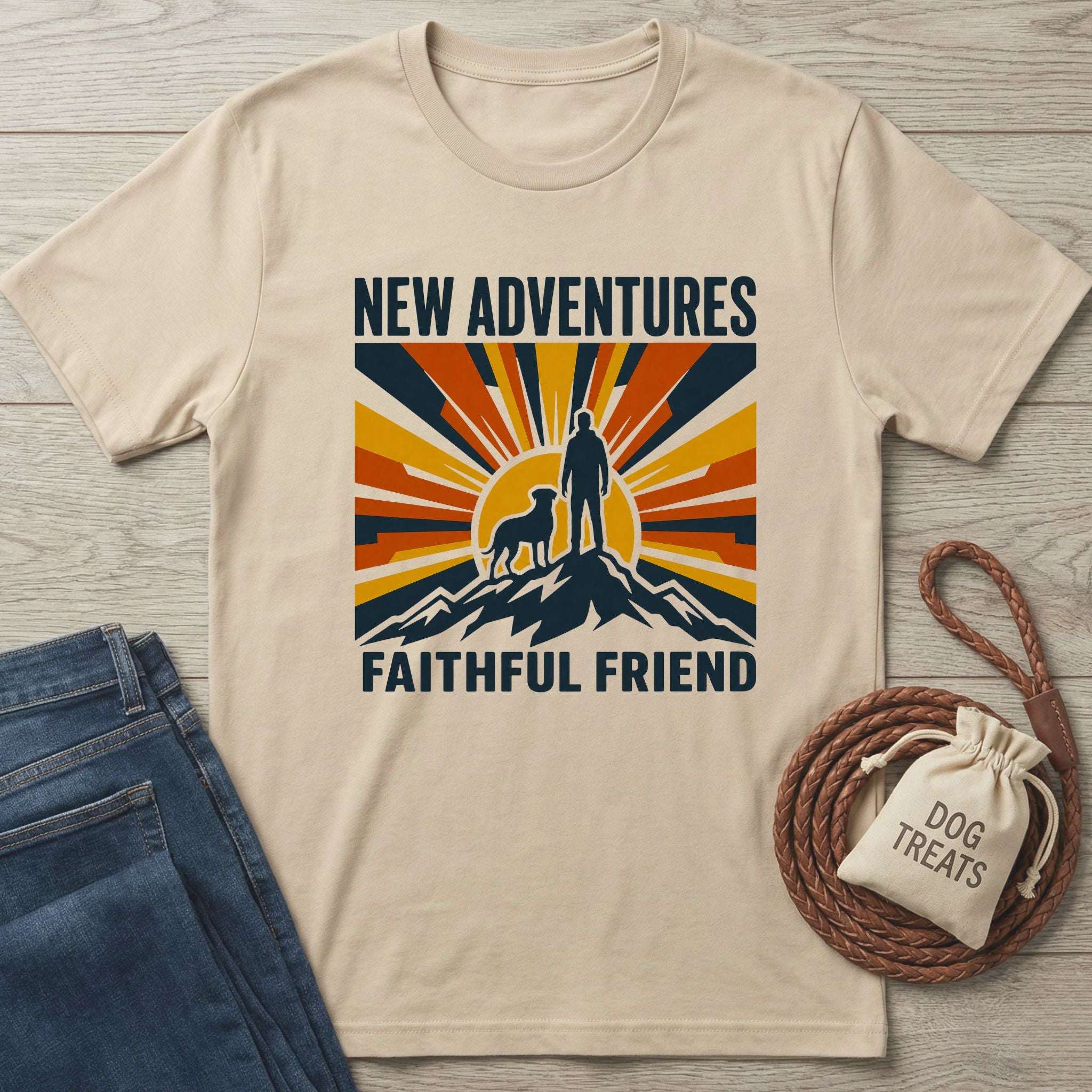 Beige crewneck t-shirt featuring a retro mountain, sunrise, and dog hiker graphic with the text New Adventures Faithful Friend.