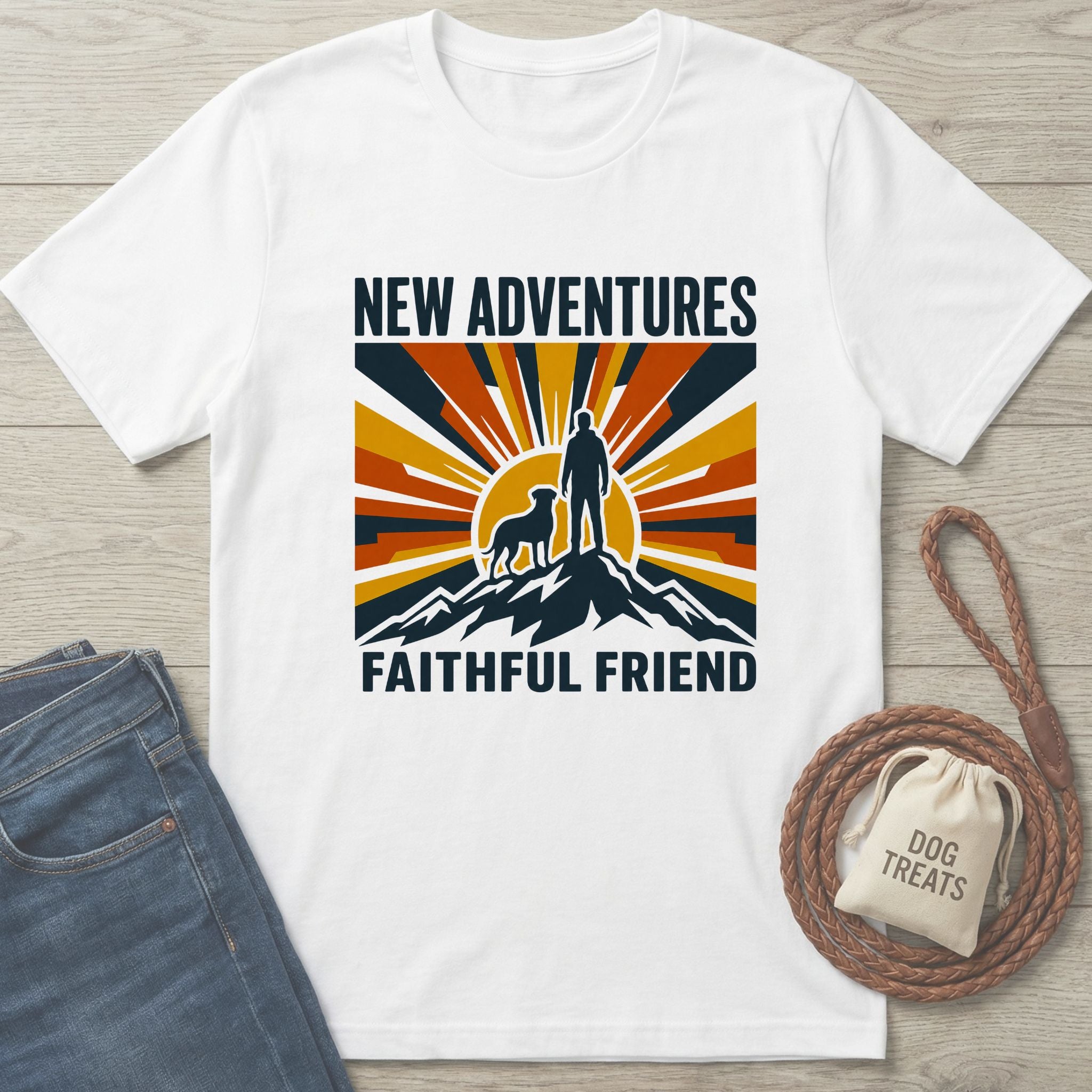 White crewneck t-shirt featuring a retro mountain, sunrise, and dog hiker graphic with the text New Adventures Faithful Friend.
