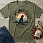 Olive green crewneck t-shirt featuring a retro sunset graphic with a dog silhouette and No Ruff Days Allowed text.