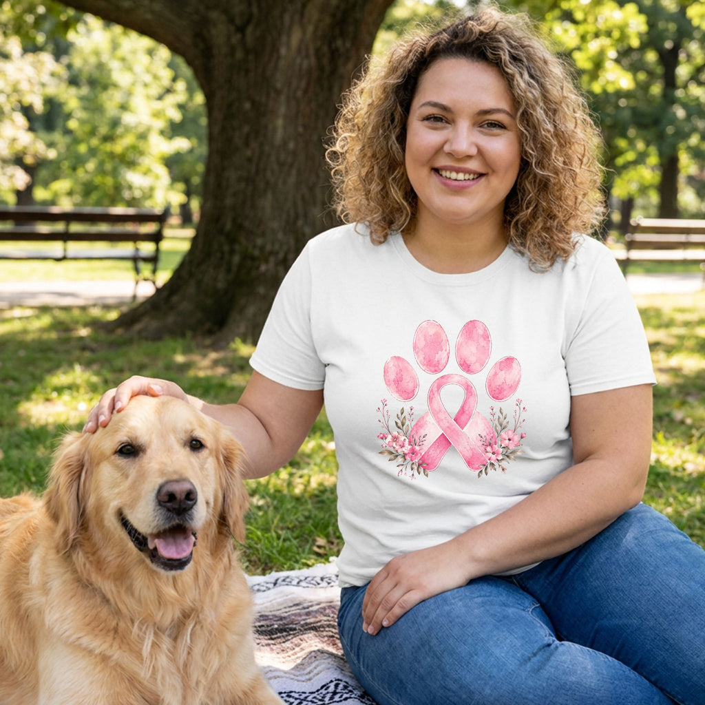 Woman wearing a white t-shirt with a pink paw print and ribbon graphic, sitting in a park with a golden retriever.