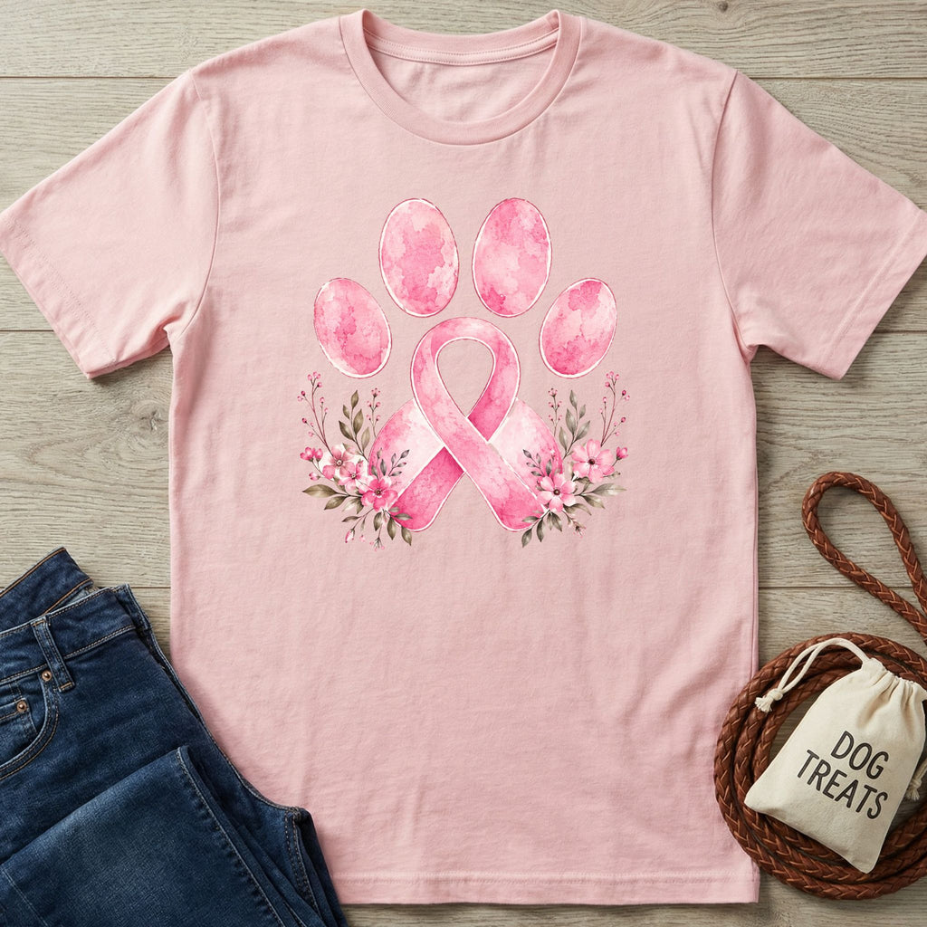 Light pink crewneck t-shirt featuring a watercolor paw print and pink ribbon design with floral accents.