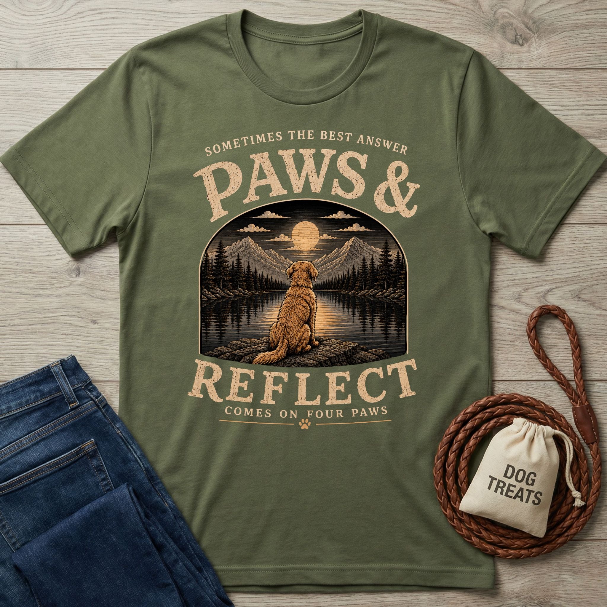 Olive green crewneck t-shirt featuring a Golden Retriever graphic overlooking a moonlit mountain lake with Paws & Reflect text.