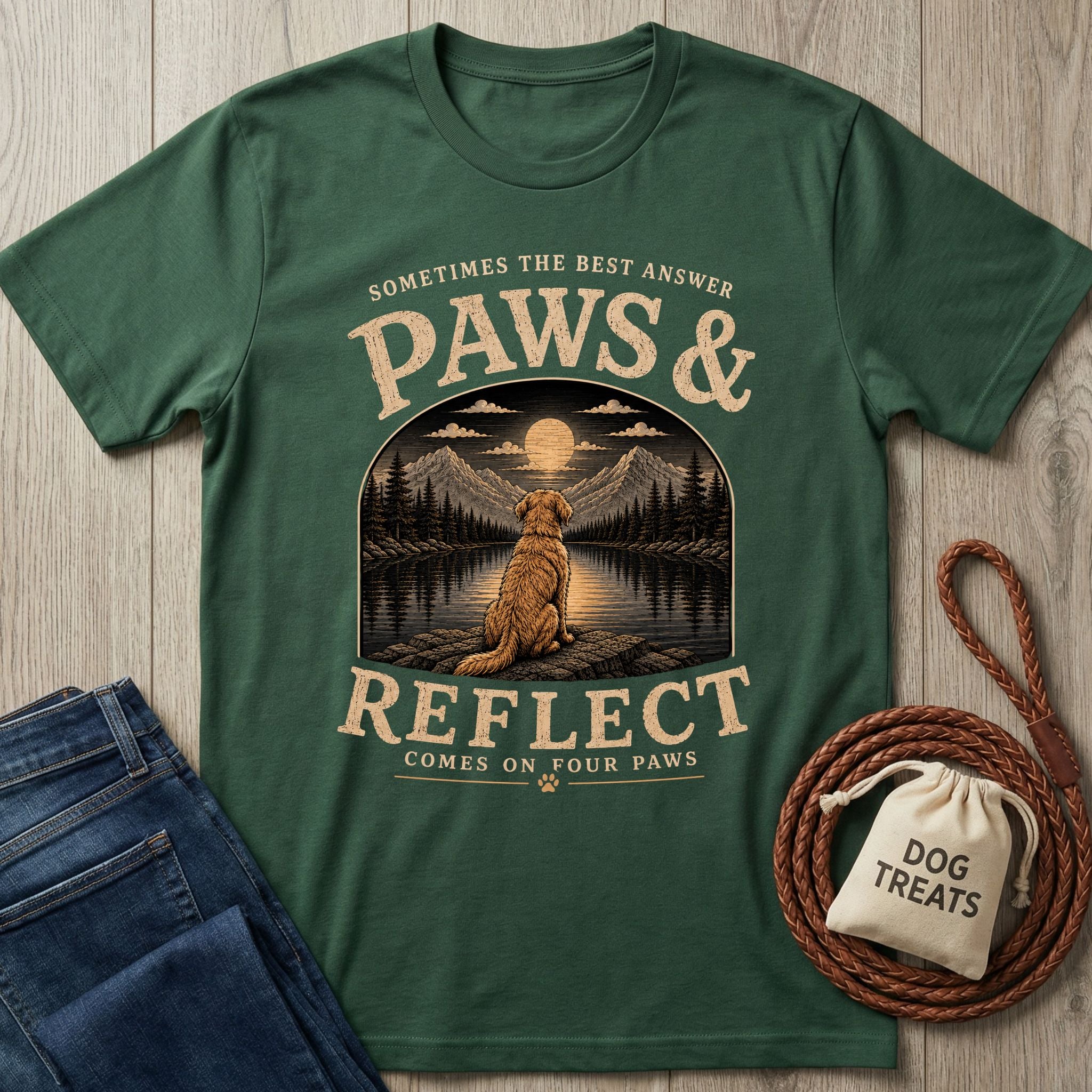 Forest green t-shirt featuring a Golden Retriever gazing at a moonlit mountain lake with Paws & Reflect text graphic.