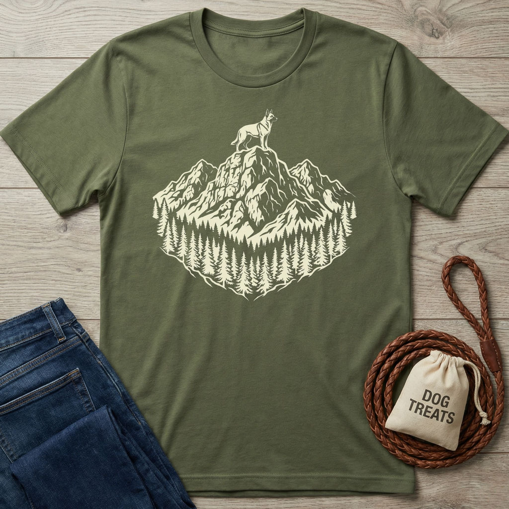 Olive green cotton t-shirt with a cream graphic of a dog on a mountain peak surrounded by pine trees.