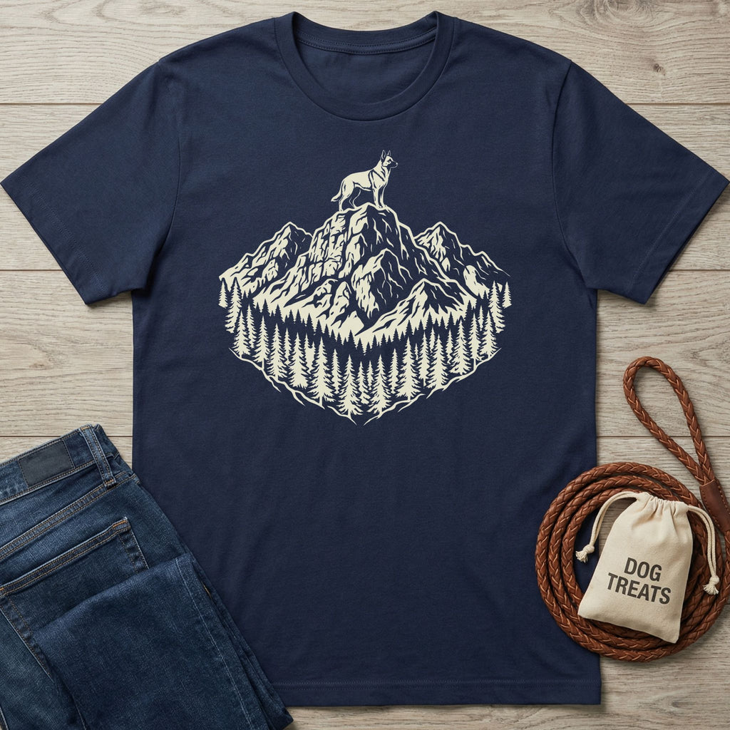 Navy cotton t-shirt with a cream graphic of a dog on a mountain peak surrounded by pine trees.
