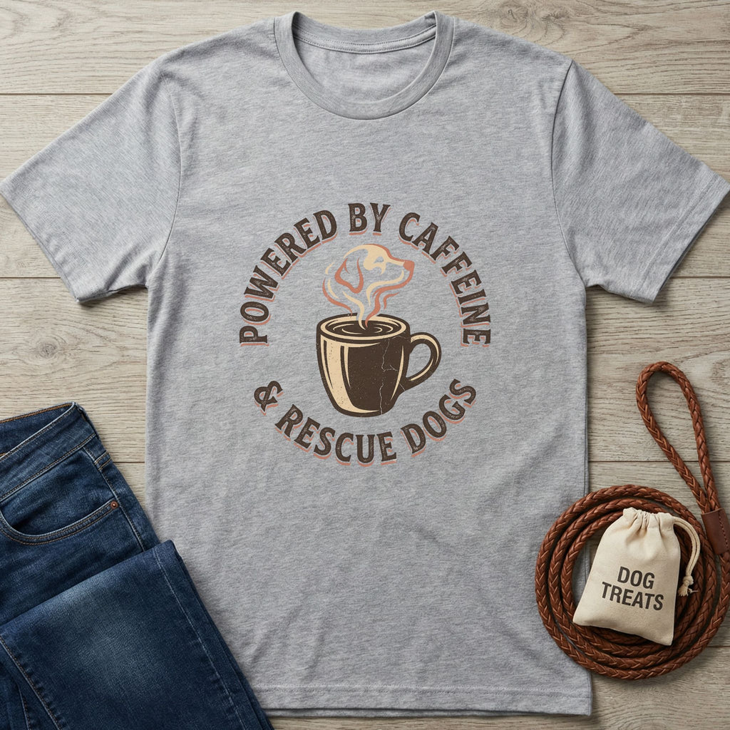 Light grey Gildan Softstyle® t-shirt with "Powered By Caffeine & Rescue Dogs" graphic, coffee cup, and dog.