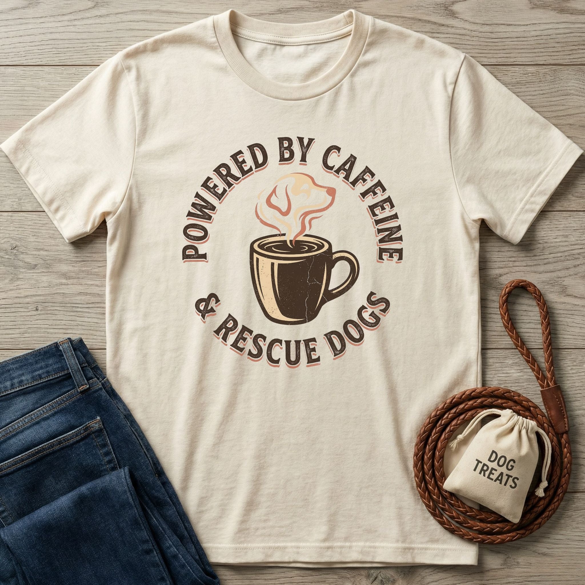 Cream Gildan Softstyle t-shirt with "Powered By Caffeine & Rescue Dogs" graphic, next to jeans and dog treats.