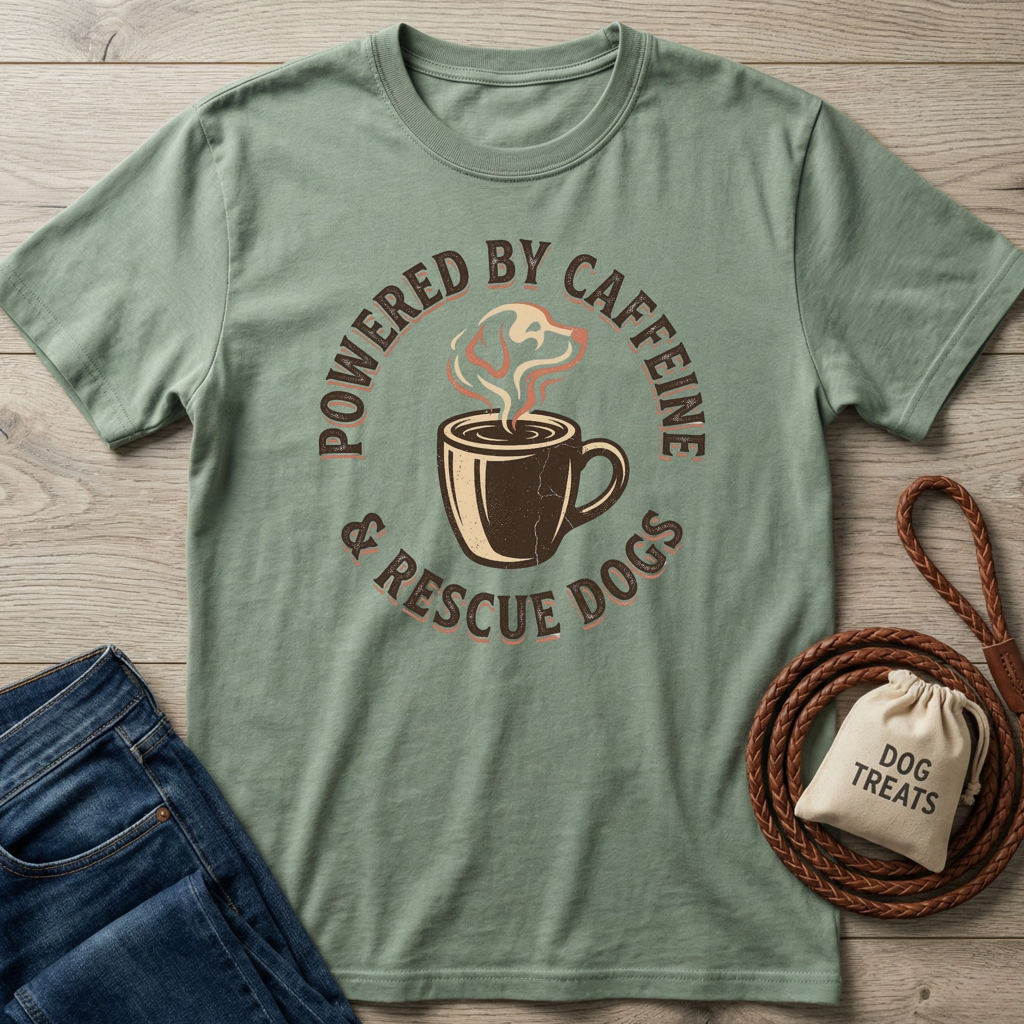 Sage green Gildan Softstyle® t-shirt with "Powered By Caffeine & Rescue Dogs" graphic.