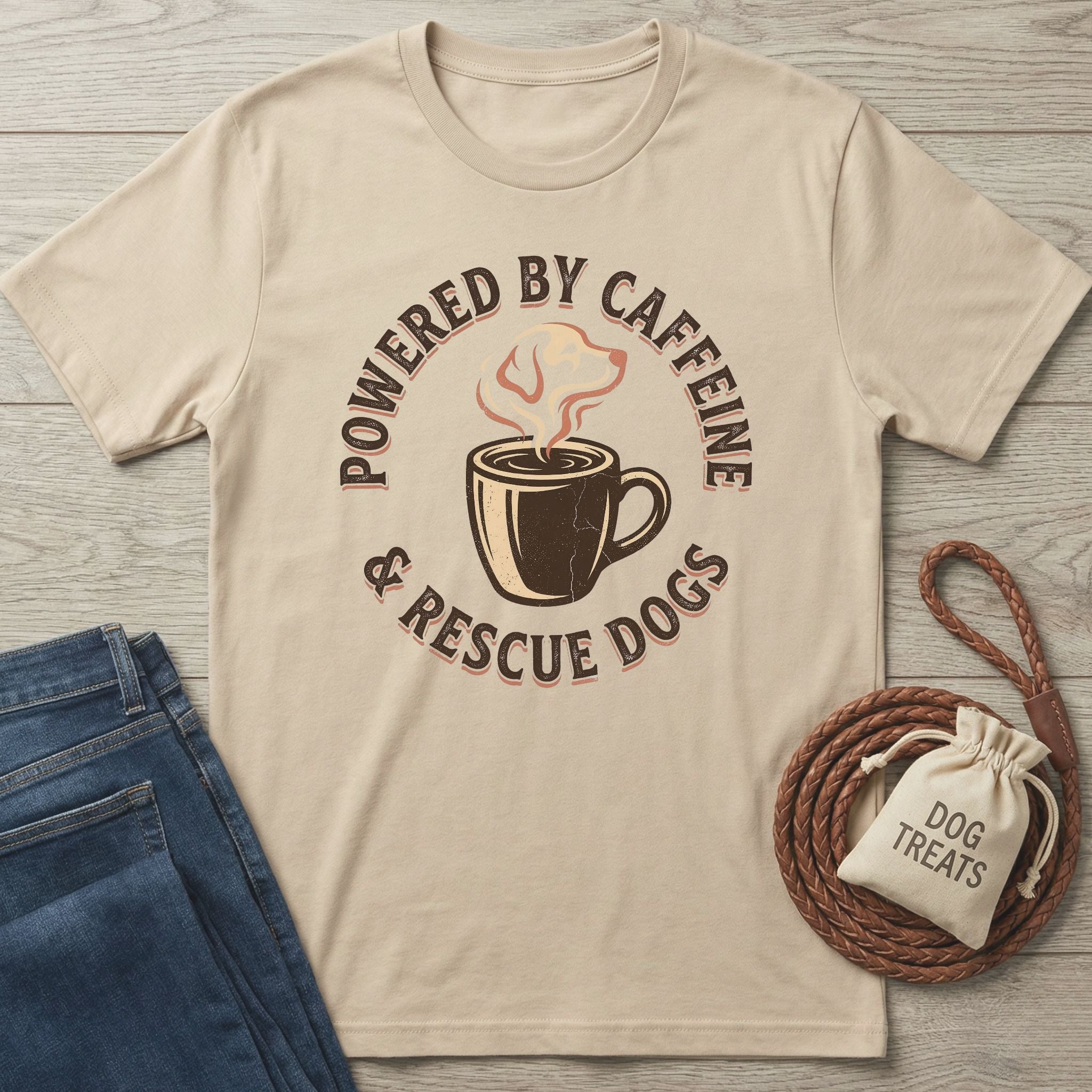 Beige Gildan Softstyle® t-shirt with "Powered By Caffeine & Rescue Dogs" graphic, coffee cup, and dog.
