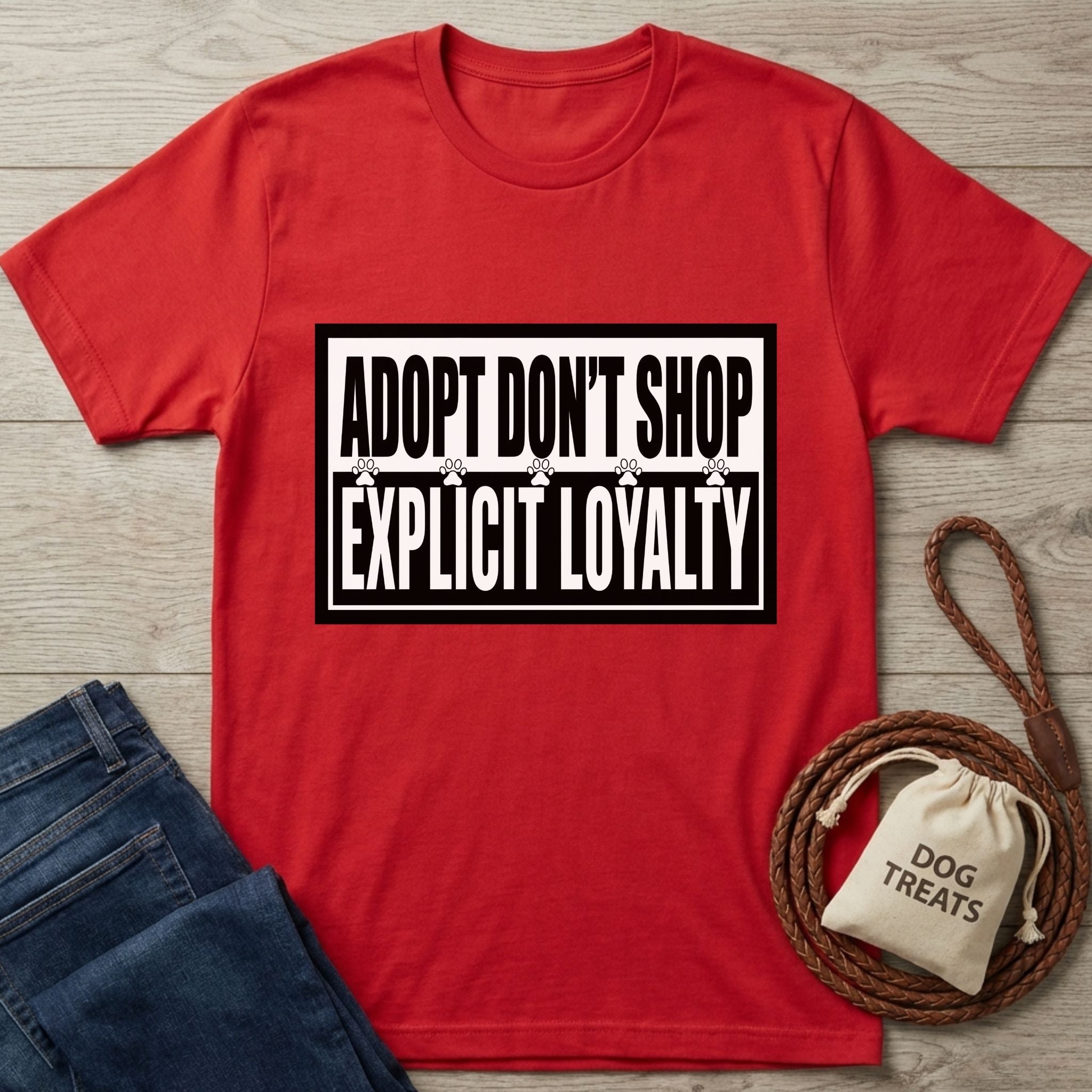 Red Gildan Softstyle® t-shirt with "ADOPT DON'T SHOP EXPLICIT LOYALTY" text, next to jeans and dog treats.