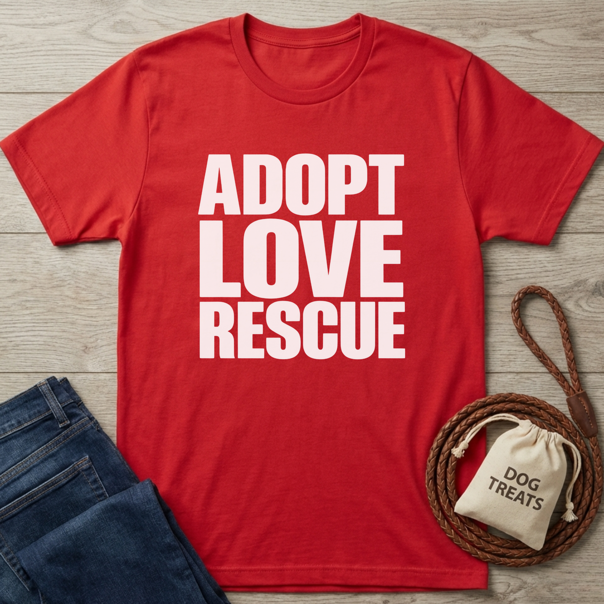Red cotton t-shirt with "ADOPT LOVE RESCUE" in white text, next to folded blue jeans and a braided leash with a "DOG TREATS" bag.