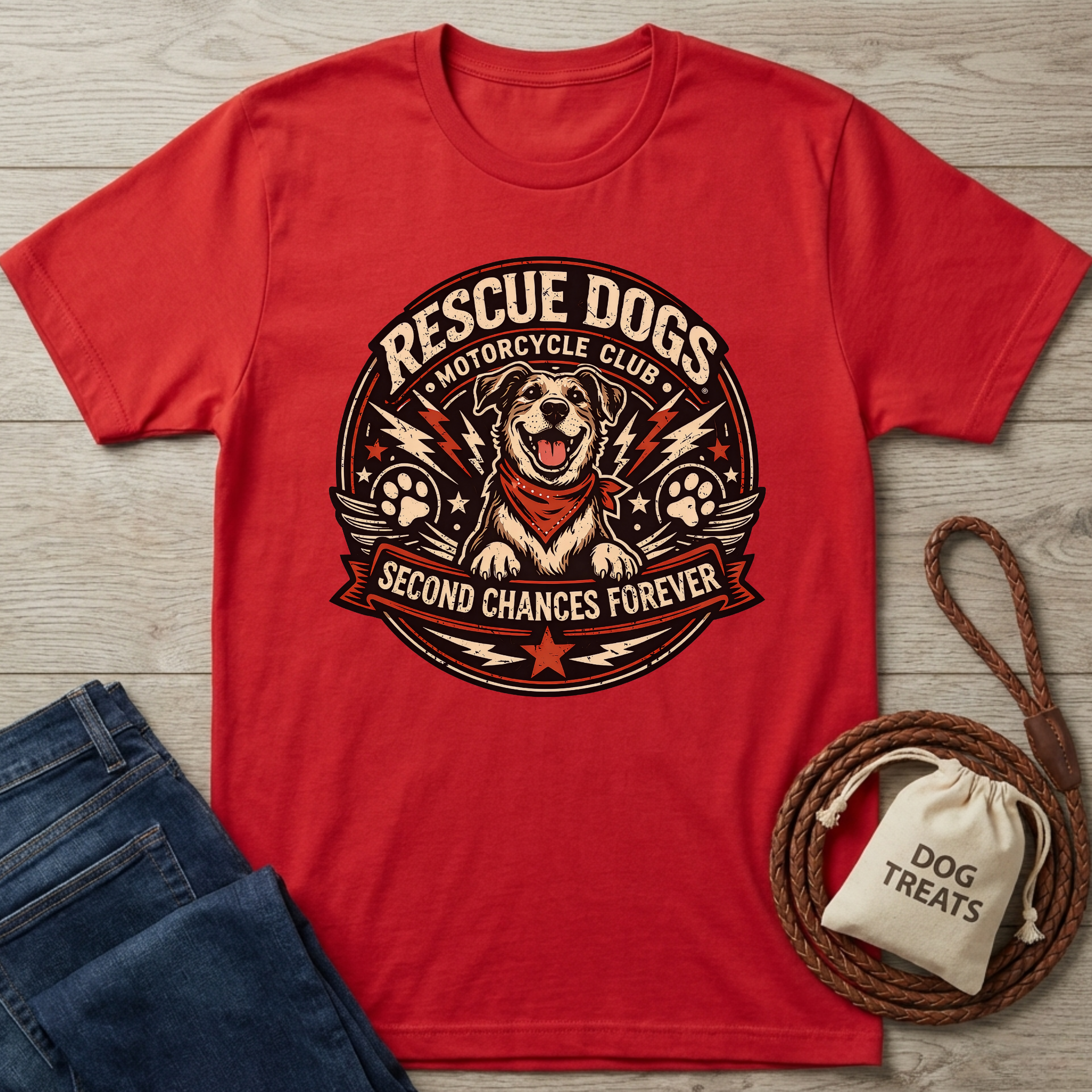 Red cotton t-shirt with "Rescue Dogs Motorcycle Club" graphic featuring a happy dog, paws, and lightning bolts.