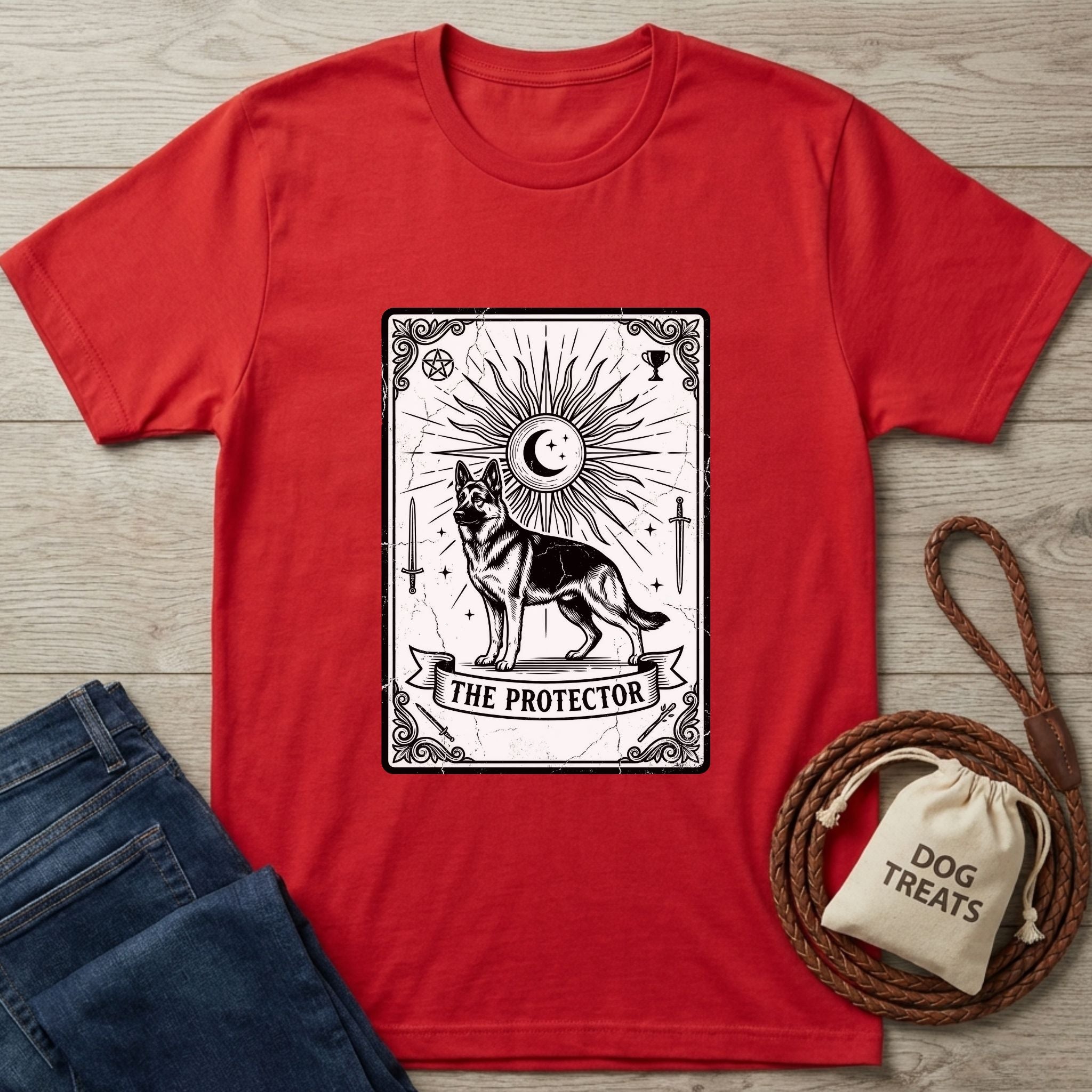 Red Gildan Softstyle t-shirt with "The Protector" tarot card design featuring a German Shepherd.